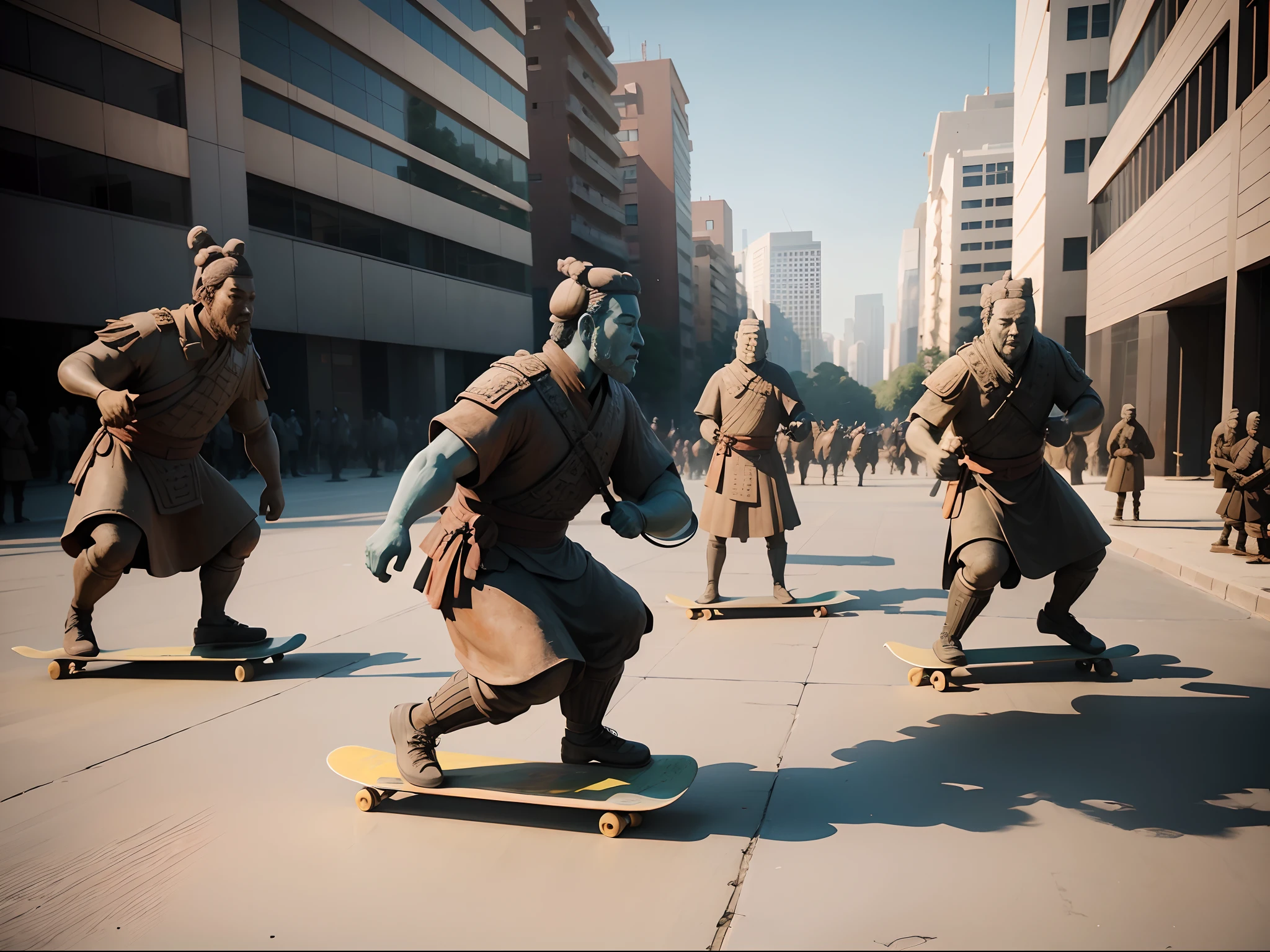 The main stone statue of the terracotta warriors and horses skateboard sideways at the foot of the stone,Perfectcomposition,8K,Front four terracotta facial restoration details,Fewer background characters