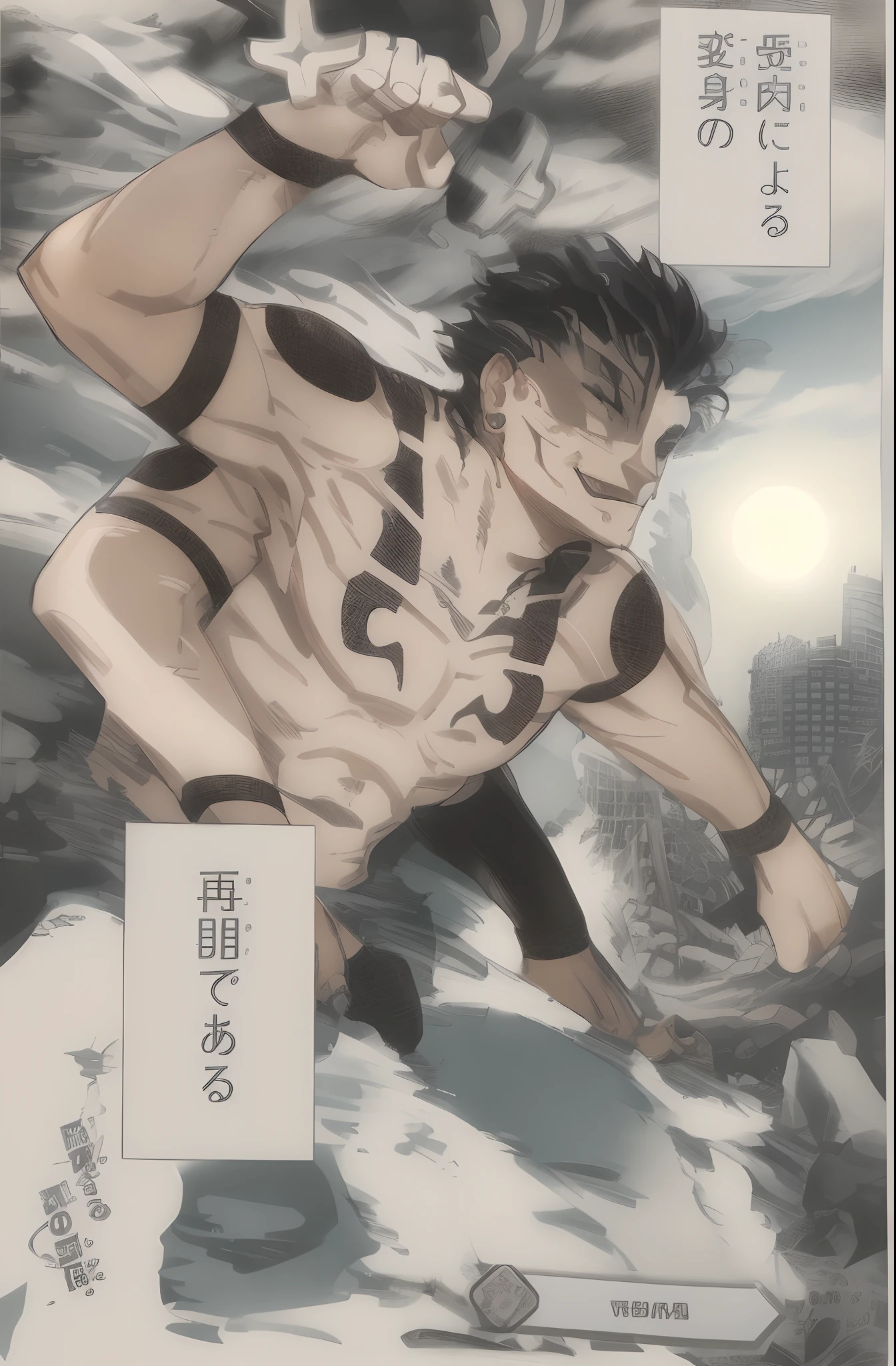 One men, four arm,smile face, white clear eyes, black hair, body black tattoo, rock background, sky, morning wether, sunlight, Sunny,