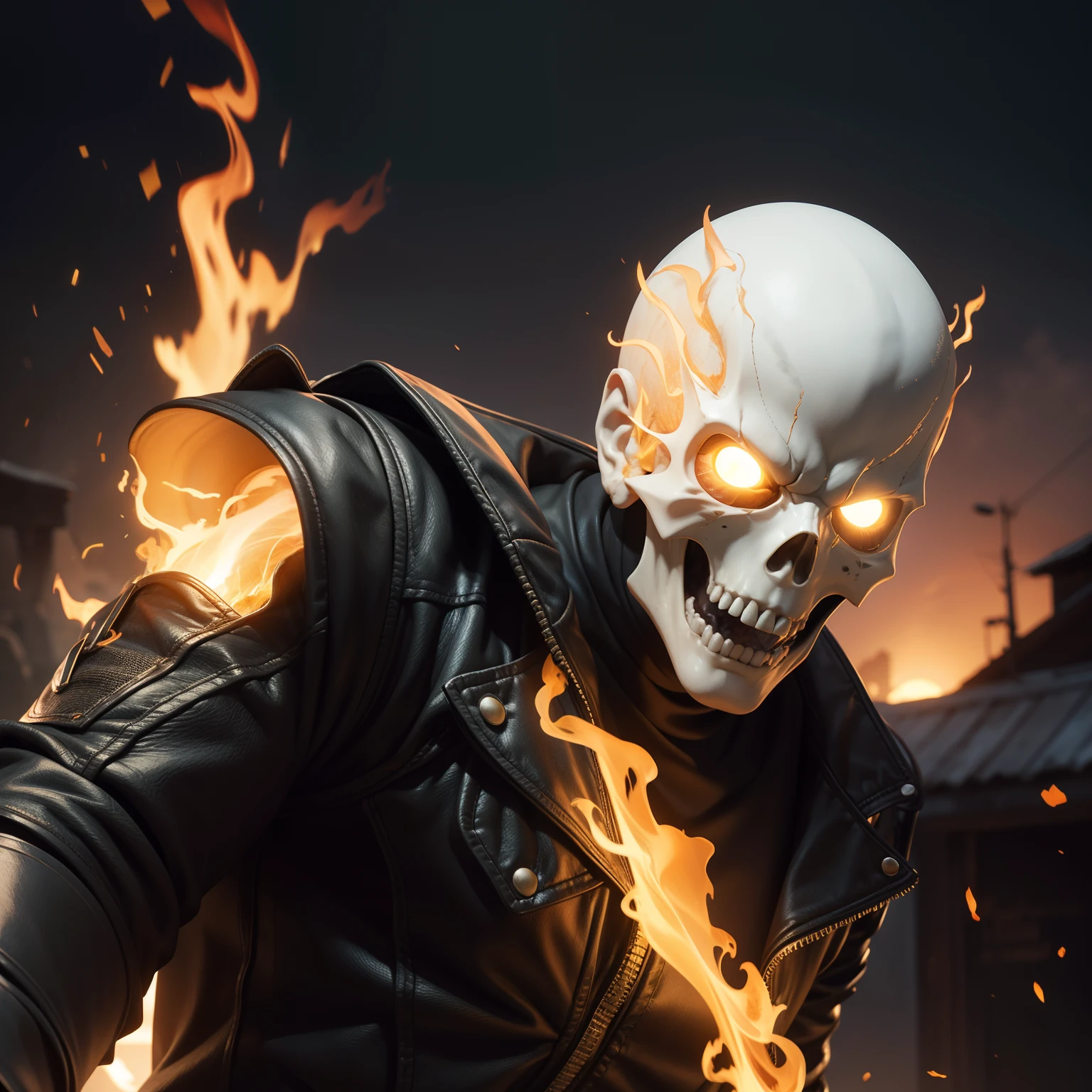 Ghost Rider from Marvel Comics, CGI with clear focus, Photorealistic, high detail, Realistic, Masterpiece, absurdress, Best Quality, HDR, hiquality, hight resolution, Extremely detailed, 8k wallpaper, intricate details, 8K UHD, Full-HD, (foto realista:1.2), Contrast, sharp lighting, Cinematic lighting, natural lighting, hard light, Backlighting, Global Illumination, Environment Occlusion