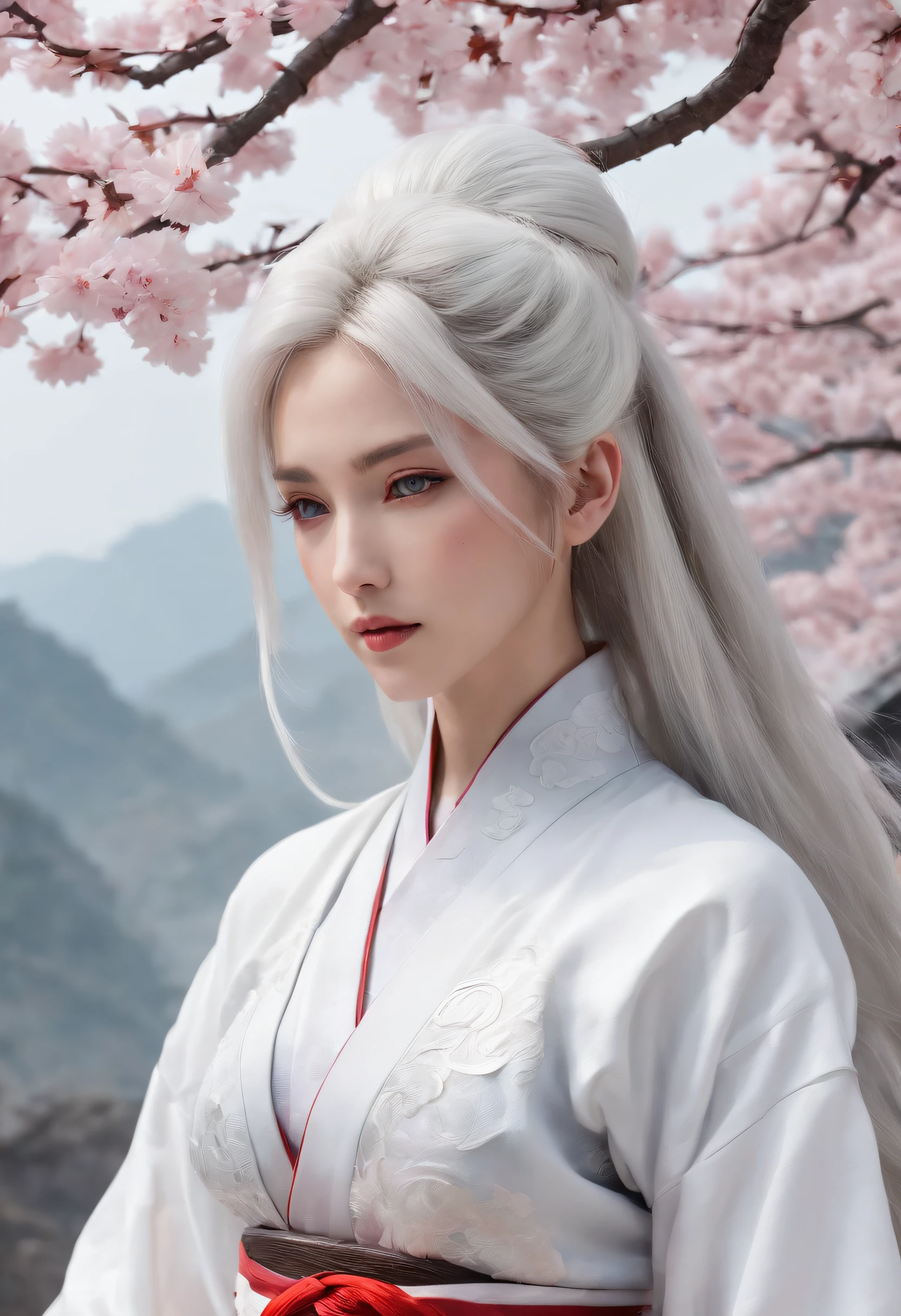 Cirilla Fiona Elen Riannon,动态照明,art stations,poster for,voluminous lighting,Very detailed faces,4k wallpaper,He has a gentle and beautiful face,Long flowing hair,pony tails,Fringed Hair Ornament,Dynamic perspective,White Hanfu,White gauze flying,Red belt,Sexy,The tradition of Chinese ink painting,surrounded by cloud,cherry blossom,fog atmosphere,Ride the white dragon,White dragon horn,dynamic viewing angle,电影灯光