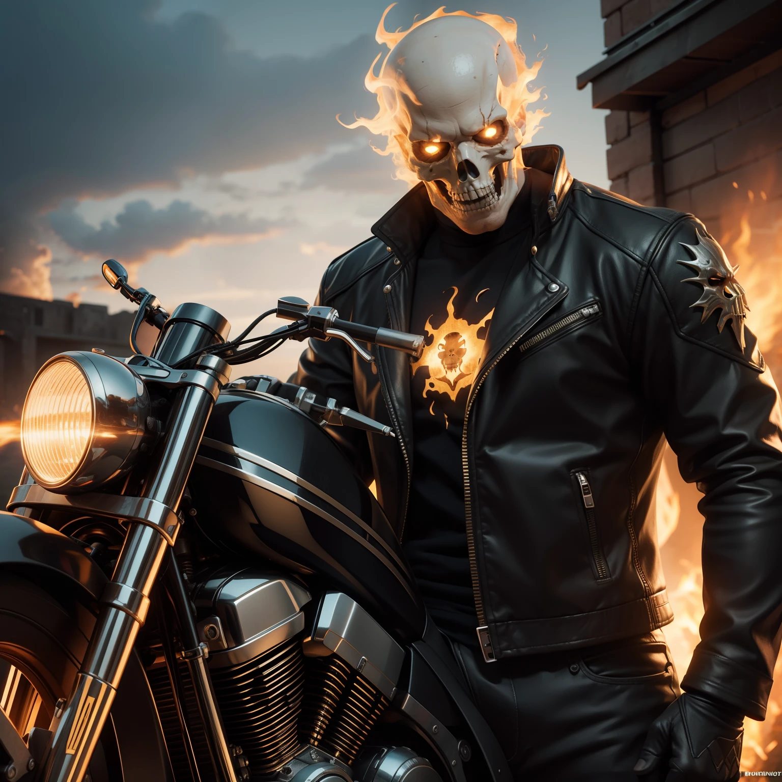 Ghost Rider from Marvel Comics, CGI with clear focus, Photorealistic, high detail, Realistic, Masterpiece, absurdress, Best Quality, HDR, hiquality, hight resolution, Extremely detailed, 8k wallpaper, intricate details, 8K UHD, Full-HD, (foto realista:1.2), Contrast, sharp lighting, Cinematic lighting, natural lighting, hard light, Backlighting, Global Illumination, Environment Occlusion