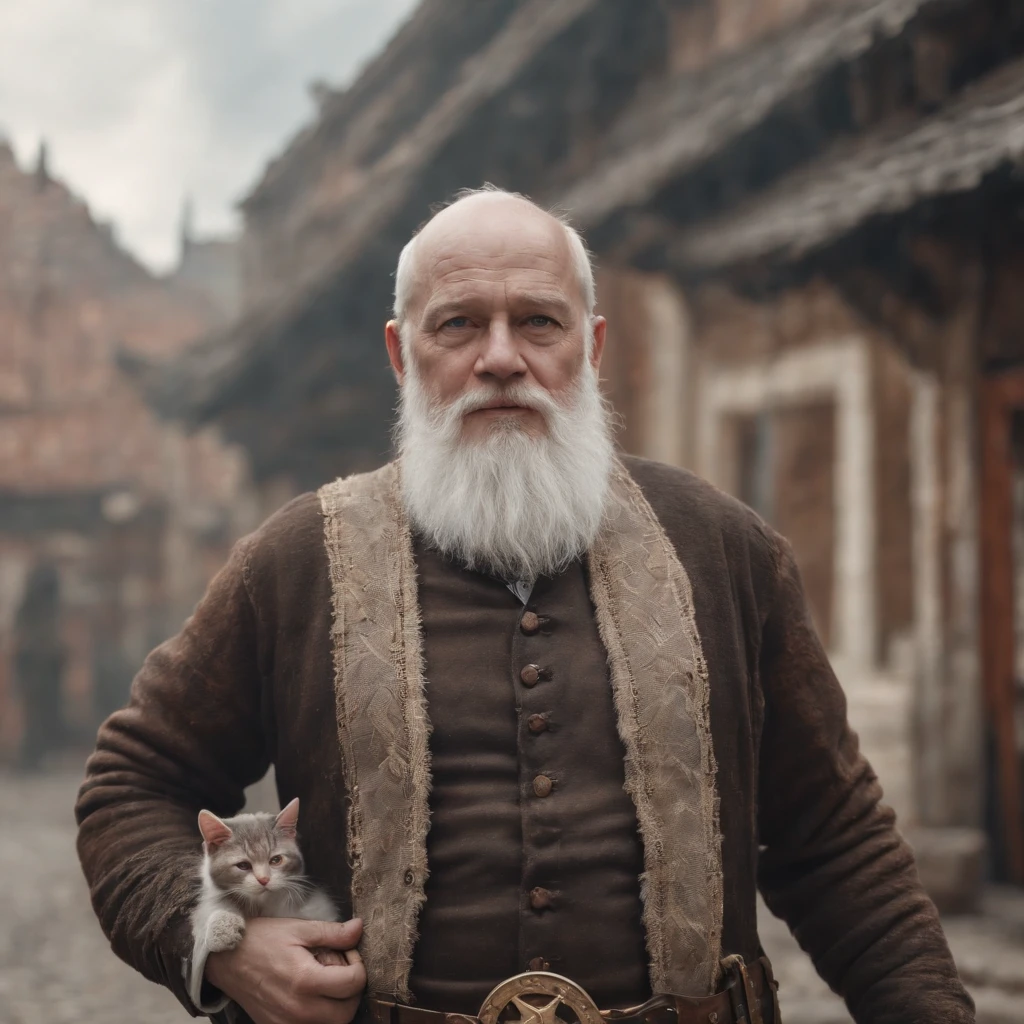 there is a old man made out of metal in underpants and shirtless with white beard il a un gros ventre, porte des lunettes, standing to a cute cat made out of metal, cyborg, cyberpunk style, steam-punk style, ((intricate details)), (best quality,4k,8k,highres,masterpiece:1.2), ((intricate details, realistic, photo-realistic, photo-realistic:1.37)), cinematic shot