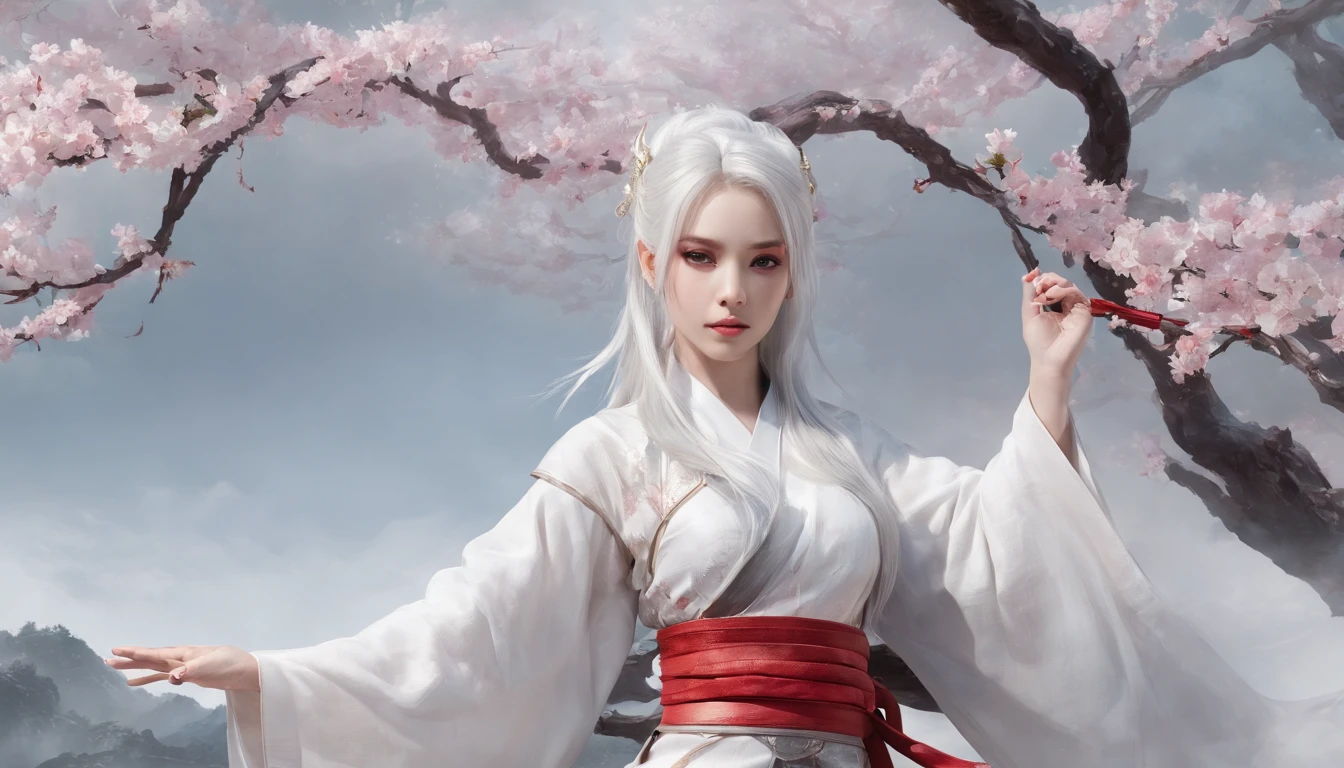 Cirilla Fiona Elen Riannon，动态照明，art  stations，poster for，voluminous lighting，Very detailed faces，4k wallpaper，He has a gentle and beautiful face，Long flowing hair，pony tails，Fringed Hair Ornament，Dynamic perspective，White Hanfu，White gauze flying，Red belt，Sexy，The tradition of Chinese ink painting，surrounded by cloud，cherry blossom，fog atmosphere，Ride the white dragon，White dragon horn，dynamic viewing angle，电影灯光