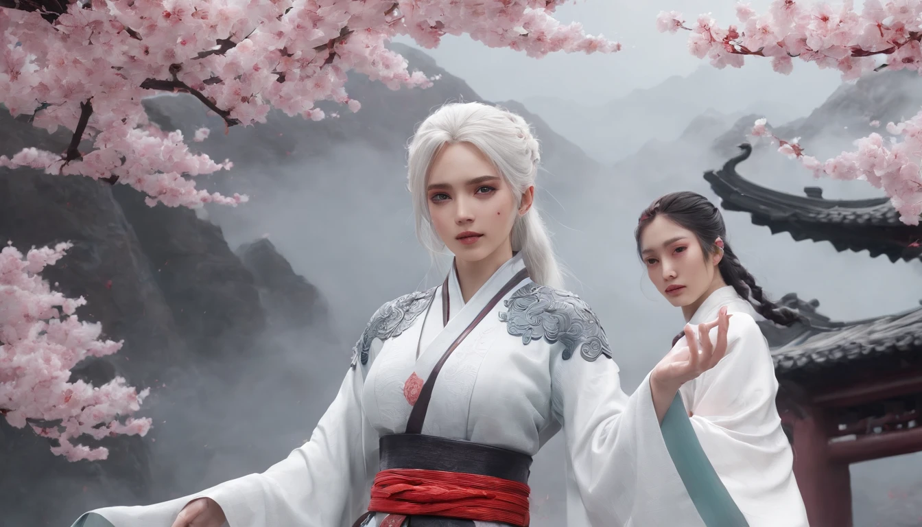 Cirilla Fiona Elen Riannon，动态照明，art  stations，poster for，voluminous lighting，Very detailed faces，4k wallpaper，He has a gentle and beautiful face，Long flowing hair，pony tails，Fringed Hair Ornament，Dynamic perspective，White Hanfu，White gauze flying，Red belt，Sexy，The tradition of Chinese ink painting，surrounded by cloud，cherry blossom，fog atmosphere，Ride the white dragon，White dragon horn，dynamic viewing angle，电影灯光