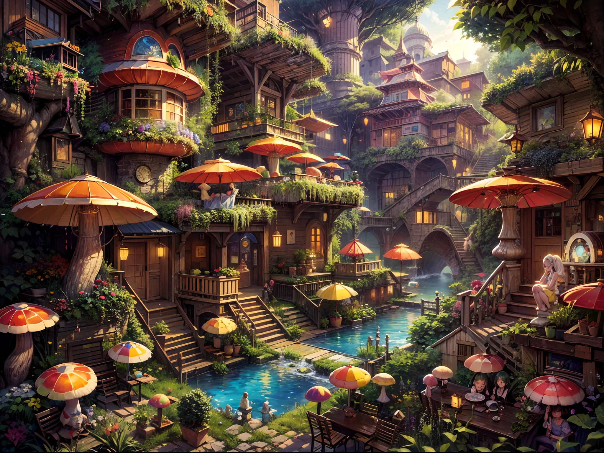 (best quality,4k,8k,highres,masterpiece:1.2),ultra-detailed,(realistic,photorealistic,photo-realistic:1.37),an otherworldly city,a city of the small ones,aerial view,ultra wide angle,ultra wide shot,countless mushroom houses,unique mushroom houses,mushrooms made into small houses,various sizes and shapes of mushroom houses,vibrant colors,lively atmosphere,enchanted landscape,winding pathways,enchanted forest,tall trees,overgrown vegetation,twinkling lights,fairy tale charm,magical atmosphere,mystical aura,sunlight filtering through the leaves,soft shadows,dreamy ambiance,ethereal beauty,whimsical architecture,fantasy world,imagination unleashed,innovative design,quirky details,playful elements,hidden nooks and crannies,secret passages,curved rooftops,colorful tiles,ornate doors and windows,cozy balconies,climbing vines,flowering plants,enchanted garden,peaceful calm,trickling fountains,serene ponds,reflective surfaces,unusual landscapes,surreal colors,otherworldly creatures,friendly inhabitants,bustling marketplaces,street performers,musicians playing magical tunes,delicious aromas,exotic spices,unique crafts,excitement and wonder,joyful laughter,lively conversations,endless exploration.