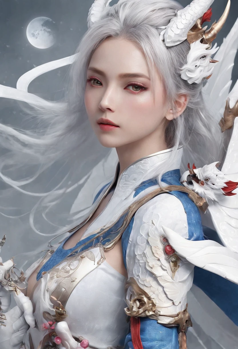 Cirilla Fiona Elen Riannon，Excellent picture quality，Outstanding details，超高分辨率，（Fidelity：1.4）, Prioritize details，Split close-up，Ride the dragon，High-tech robot dragon knight，He has a gentle and beautiful face，（（Blue and white flying semi-mechanical fuselage：1.8）），enhancer，allure，Futuristic city，nevando，Luna，Mechanically beautiful，Virtual Engine 5，Perfect detail，Octane rendering，Гипер HD，Excellent picture quality，Outstanding details，超高分辨率，（Fidelity：1.4）, Prioritize details，Split close-up，Ride the dragon，High-tech robot dragon knight，He has a gentle and beautiful face，（（Blue and white flying semi-mechanical fuselage：1.8）），enhancer，allure，Futuristic city，nevando，Luna，Mechanically beautiful，Virtual Engine 5，Perfect detail，Octane rendering，Гипер HD，动态照明，art  stations，poster for，voluminous lighting，Very detailed faces，4k wallpaper，He has a gentle and beautiful face，Long flowing hair，pony tails，Fringed Hair Ornament，Dynamic perspective，White Hanfu，White gauze flying，Red belt，Sexy，The tradition of Chinese ink painting，surrounded by cloud，cherry blossom，fog atmosphere，Ride the white dragon，White dragon horn，dynamic viewing angle，电影灯光
