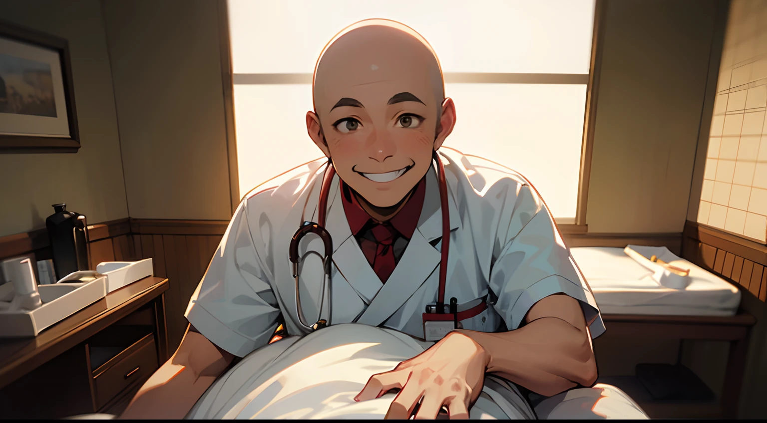 Skinny middle-aged man in men's nurse clothes、Bald head、Brown skin、Massage parlor、Massage bed、Lonely treatment room、Grinning face、