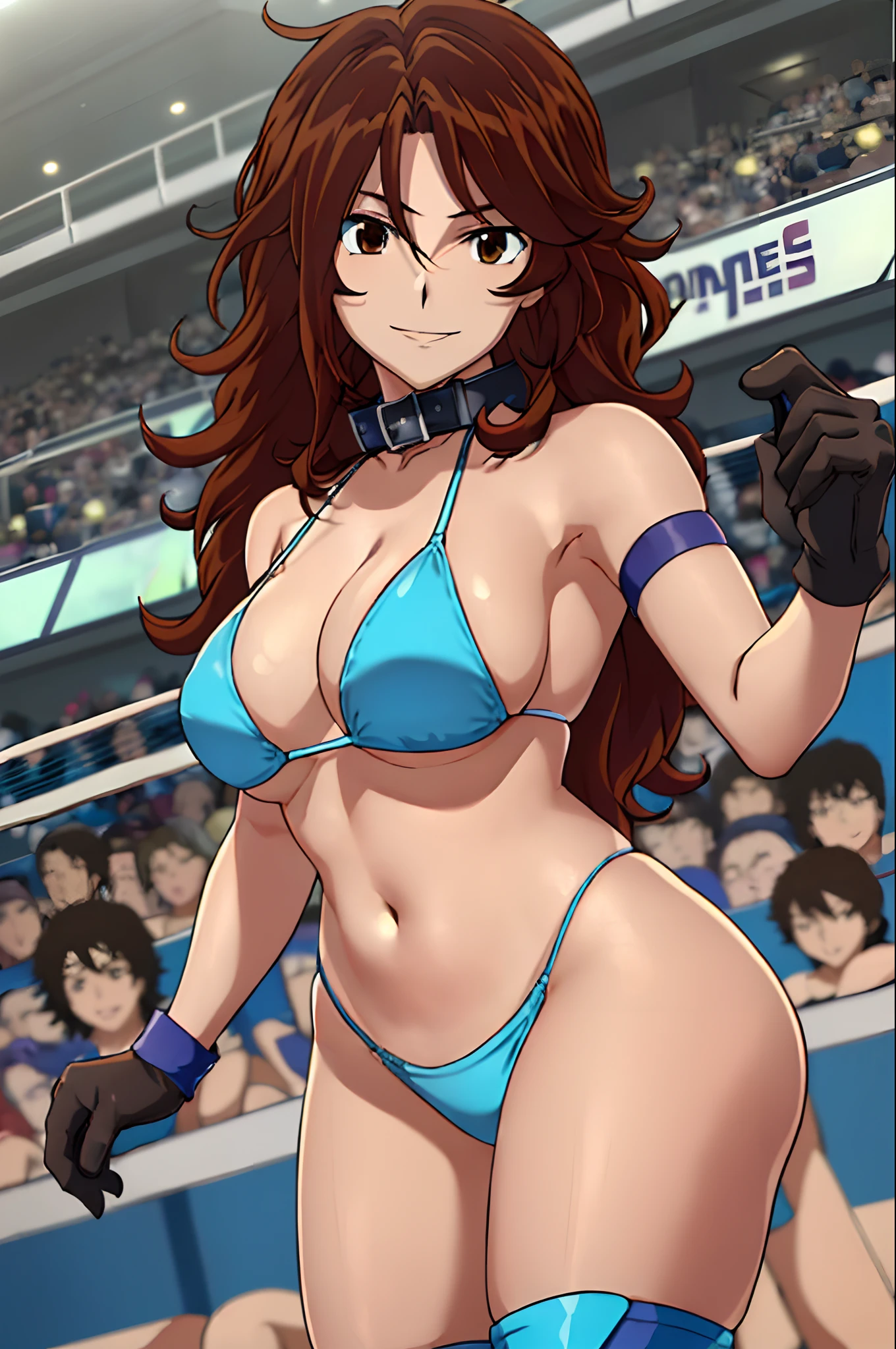cowboy shot, upper body view, anime style: 1.8, anime drawing, ultra detailed face, ultra detailed body, 4k, Sumergai Lee Noriega, (standing), best quality, anime style, hires, highest definition, digital blending, bold drawing lines, ((slender body, female wrestler), (location: wrestling arena, crowds watching), (slender body, broad shoulders), mature woman, ((blue wrestling gear: blue micro bikini, boots, gloves, collar band, black bikini)), victorious, winner, smile, (big breasts), (big eyes, brown eyes), (warming up), (curly hair, wavy hair, long hair), 27 years old,