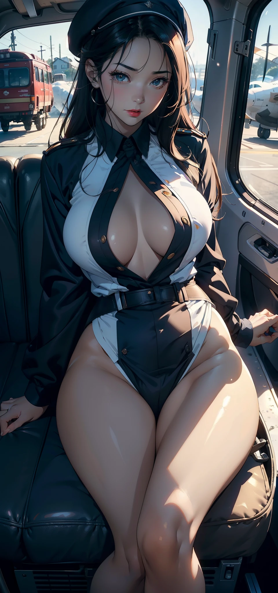 1female，35yo，Married Woman，Bigchest，Bigchest 。Big breasts Thin waist，Cocked buttocks，Beautiful legs solo，（Background with：aerodrome，Planes，inside of a cabin，drivers seat）Sit in the driver's seat ，She has short black hair，bobo head，seen from the front， hair straight，，（（（tmasterpiece），（Very detailed CG unity 8K wallpaper），best qualtiy，cinmatic lighting，detailed back ground，beatiful detailed eyes，Black eyes，Snow-whiteskin，Redlip（Very fine and beautiful），（Beautiful and detailed eye description），ultra - detailed，tmasterpiece，））facing at camera，A high resolution，ultra - detailed），revealing breasts，Bare genitalia， Bare ， Bulge，legs are open，Raised sexy，Camel toes，Flushed complexion，Desire for dissatisfaction，frontage，stewardess，beret（Wearing：Transparent flight attendant uniform，Nipple patches）