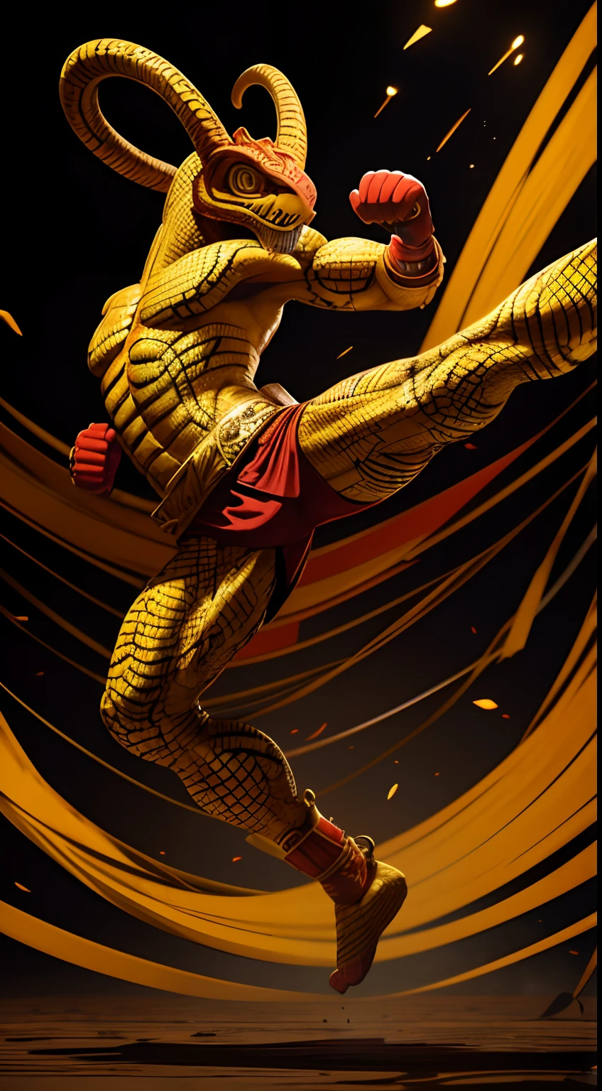 snake mask creature, Muay Thai style, yellow and red colors, kicking pose, full body, Animal Anthropomorphism, realistic digital, humanoid, abstract background, global illumination, intricate, epic, dramatic, masterpiece, high detail, best quality, ultra high res
