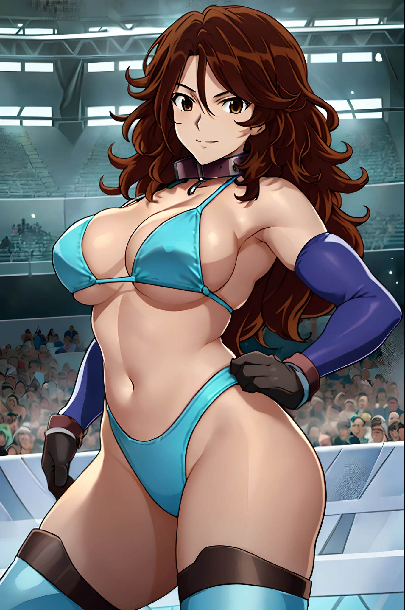 cowboy shot, upper body view, anime style: 1.8, anime drawing, ultra detailed face, ultra detailed body, 4k, Sumergai Lee Noriega, (standing), best quality, anime style, hires, highest definition, digital blending, bold drawing lines, ((slender body, female wrestler), (location: wrestling arena, crowds watching), (slender body, broad shoulders), mature woman, ((blue wrestling gear: blue micro bikini, boots, gloves, collar band, black bikini)), victorious, winner, smile, (big breasts), (big eyes, brown eyes), (warming up), (curly hair, wavy hair, long hair), 27 years old,