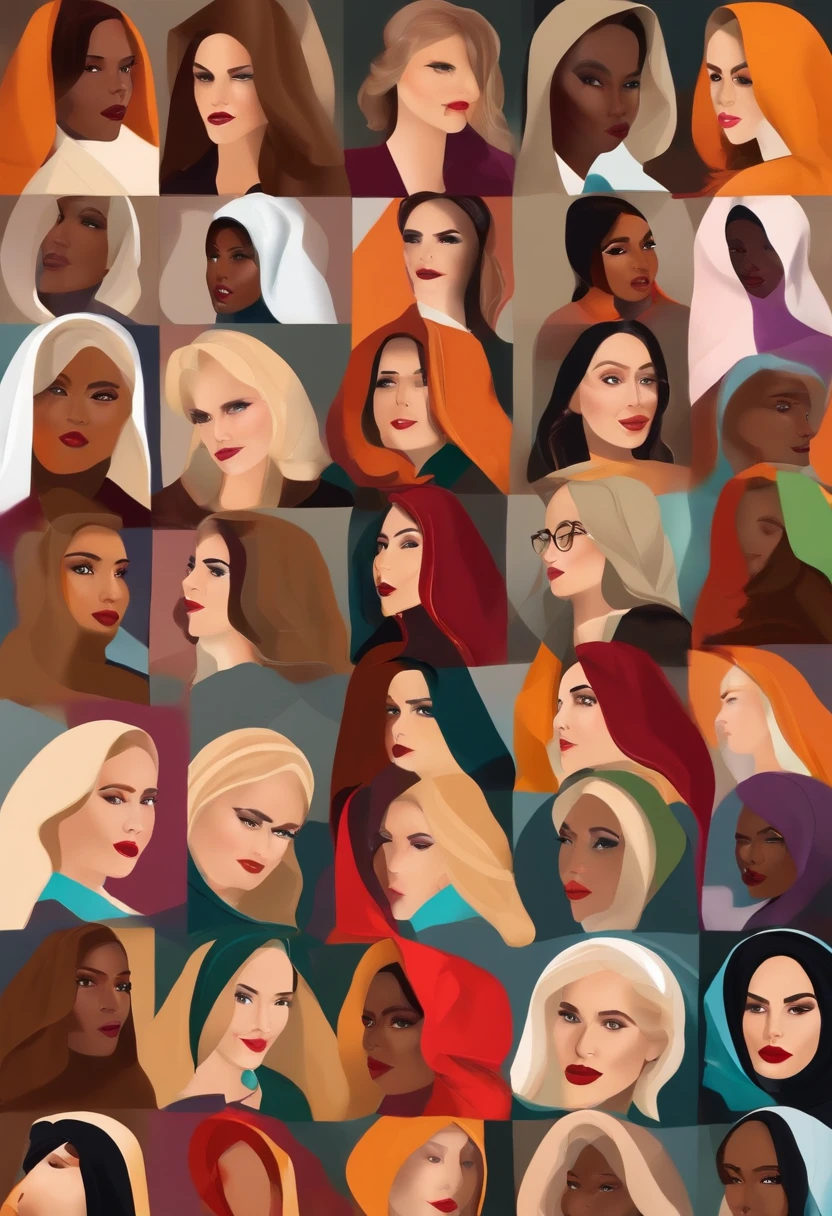 Group of several Business Woman 2023 in standing mode Business Girl including only one veiled woman, une blonde, une brune, and a noiraude...