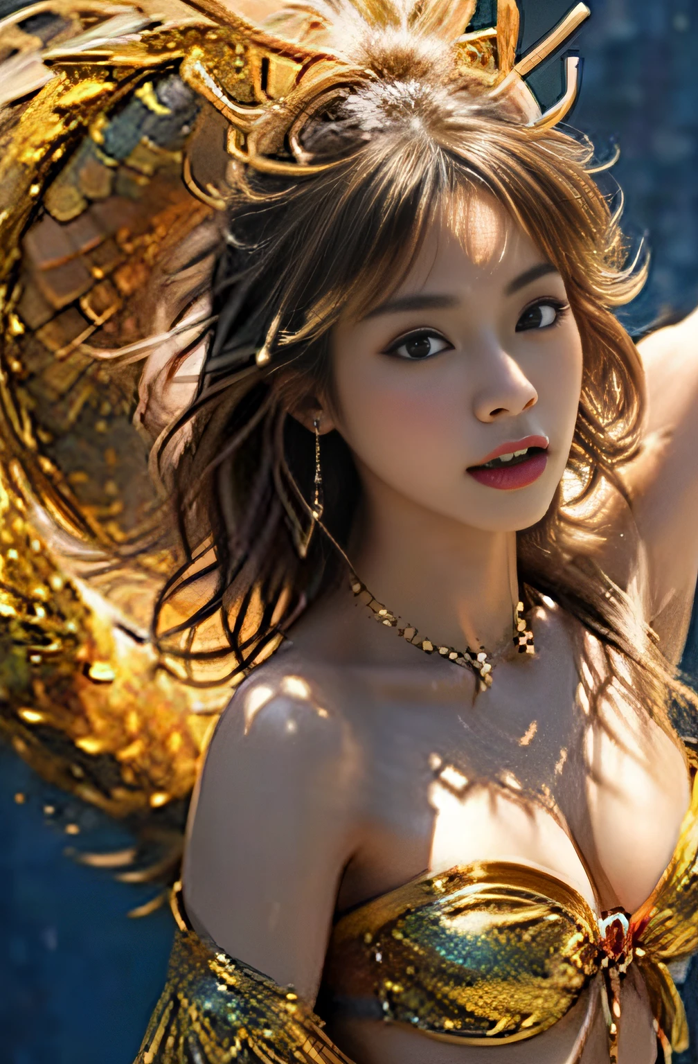 (masterpiece:1.2), ultra detailed, ultra high res, (realistic, photo realistic:1.37), high detail RAW color photo, professional photograph, an extremely delicate and beautiful, extremely detailed, finely detail, huge file size, extremely detailed beautiful girl, extremely detailed face, extremely detailed eyes, extremely detailed skin, extremely detailed nose, extremely detailed mouth, perfect anatomy, highly detailed background, shiny skin, (Japanese famous actress:1.2), (gyaru:1.25), flat chest, (Belly dancer with less cloth:1.3), (flat chest:1.3), Dynamic Pose, dynamic lighting, nsfw, lens flare, (long, dragon:1.2),