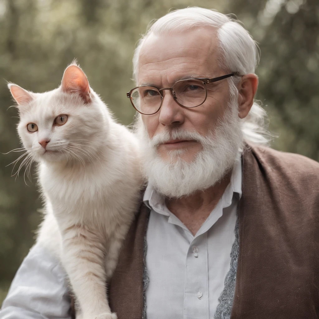 there is a old man made out of metal in underpants and shirtless with white beard il a un gros ventre, porte des lunettes, standing to a cute cat made out of metal, cyborg, cyberpunk style, steam-punk style, ((intricate details)), (best quality,4k,8k,highres,masterpiece:1.2), ((intricate details, realistic, photo-realistic, photo-realistic:1.37)), cinematic shot