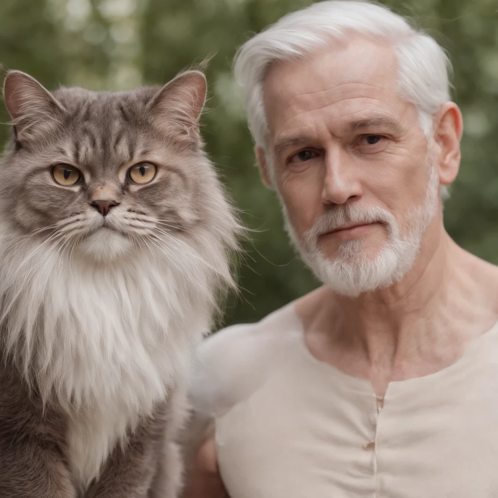there is a old man made out of metal in underpants and shirtless with white beard il a un gros ventre, porte des lunettes, standing to a cute cat made out of metal, cyborg, cyberpunk style, steam-punk style, ((intricate details)), (best quality,4k,8k,highres,masterpiece:1.2), ((intricate details, realistic, photo-realistic, photo-realistic:1.37)), cinematic shot