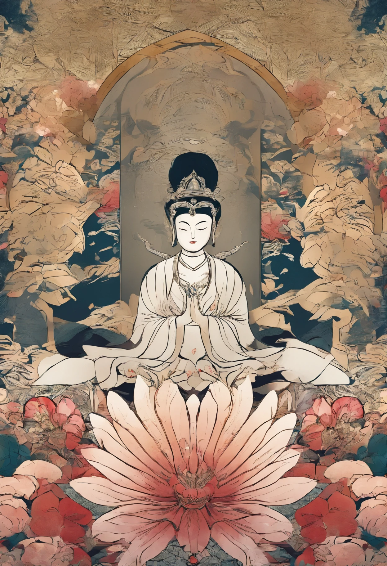 Field with beautiful flowers (close-up cleavage), meditate, Zazen, A meditative (Chinese landscape painting), (ink and watercolor painting), (8k wallpaper), (Light and Shadow Effect), rendering by octane, White balance design, Extremely detailed image representation, Wide angles, depth of fields, masterpiece, realistic, beautifully portrayed, a detailed, accurate, Masterpieces, masterpiece”