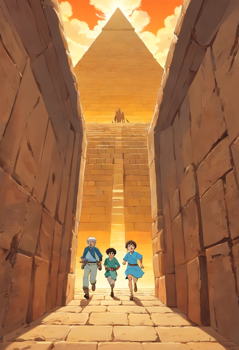 two treasure hunters inside a pyramid running from a mummy