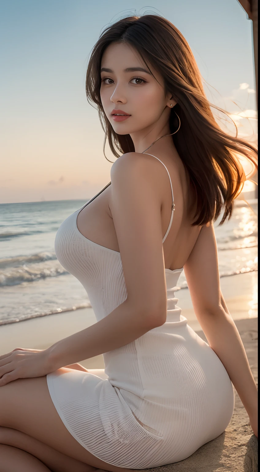 top-quality, masterpiece, high-detail, 16k picture quality, A beautiful woman aged between 27 and 40 gracefully dons a tight-fitting, sleeveless knit dress, accentuating her allure. She sits on the shores of a twilight beach, her gaze directed towards us. Her dress embraces her figure, showcasing a voluptuous bust and a perfectly contoured waist. Her hair, a lovely shade of light brown, falls like silk strands framing her face.
This captivating woman exudes an irresistible charm that enchants those in her vicinity. As the vibrant orange hues of the setting sun dip below the horizon, its radiant beams catch her hair, setting it aglow with a warm, ethereal light. The gentle sound of the ocean waves provides a serene backdrop to this enchanting scene, where the meeting of a mesmerizing woman and the mesmerizing sunset forms a tableau of timeless beauty and allure on the tranquil beach.,