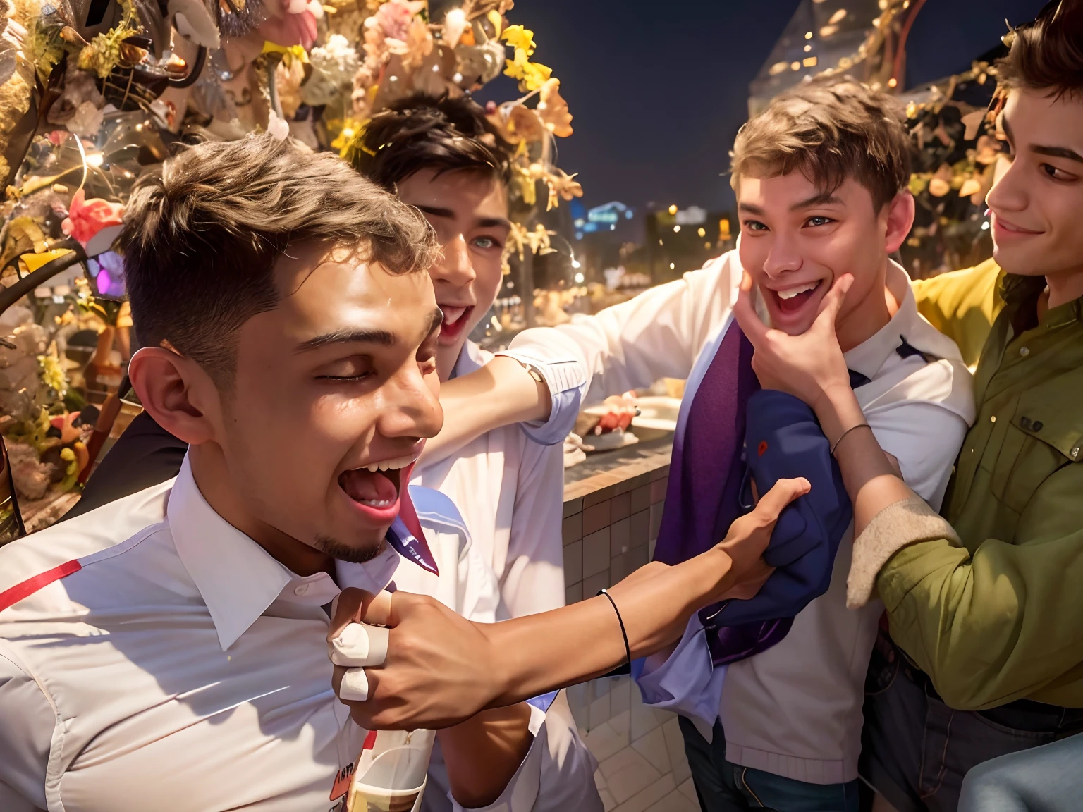 several young men are standing around and having fun with each other, candid picture, mischievous!!, exciting expression, competition winning, candid photography, mischievous!!!, taken with sony alpha 9, photo taken with nikon d750, eating ice - cream, photo taken with nikon d 7 5 0, boys, cute boys, photo taken on a nikon