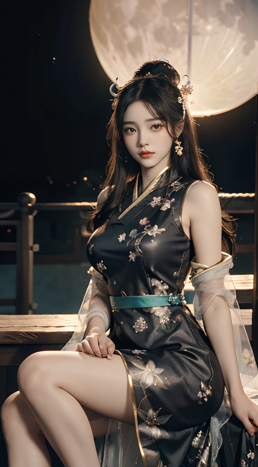 Chang'e,(((Hanfu))),(((period costume))),Tang and Song court costumes,(((Huge Moon))),Rabbit ears,Skysky,Sit Pose,Top CG,Highest image quality,tmasterpiece,Delicate and delicate beautiful girl,(Tall and tall),Royal Sister,Queen temperament,with fair skin,(((long leges))),Perfect facial features,Bright eyes,Enchanting pose,Red lips,Beautiful and cold,(Big breasts),Beautiful and handsome,Long black silky hair,glittery,Skin is visible through see-through,(((Floral dress))),8K quality,(Realistic portraits),Characters fill the frame,((Face lighting)),