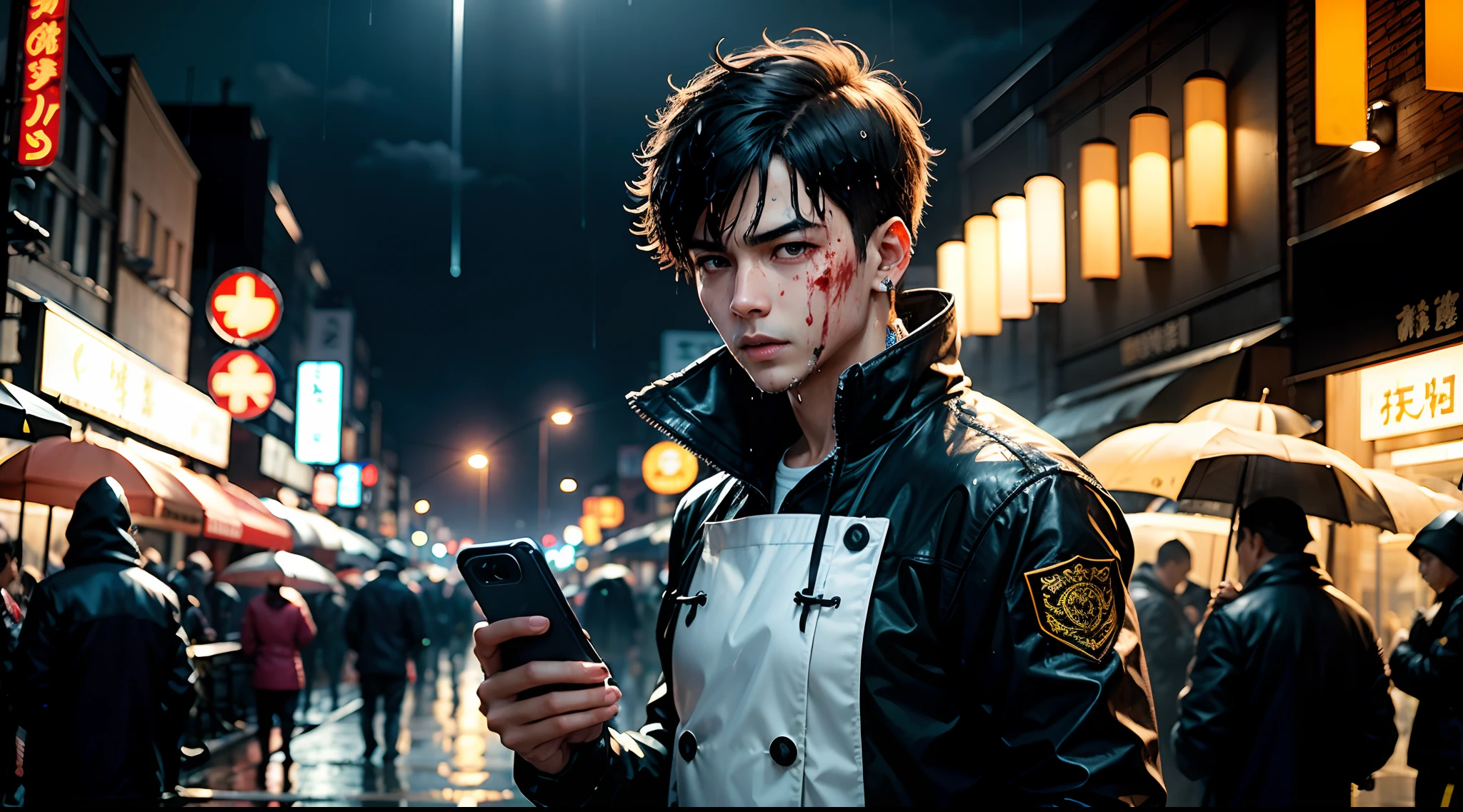 The main character A boy holding the phone in his hand the phone screen light reflecting on his face his right side the another boy standing with the chef knife on his hand covered with blood, crowded gang members behind him everyone is facing the camera standing in the rain fully wet the water dropping from their body and faces , that crowd covered with blood , everyone wearing red earing on one ear, Tokyo Street night raining, everyone looking serious, hackers, criminals, there is a flag on top of the building behind them it is red color flag with black dragon The police light shade in the corner of the picture, high quality 4k , high resolution , high detailed, night light lamps on the street showing the rain drops , The road is wet reflecting the light , make it look more cinematic , anime style more dark area , with more dragon pictures and chinses restaurant , make it more like a they are in criminals territory.
