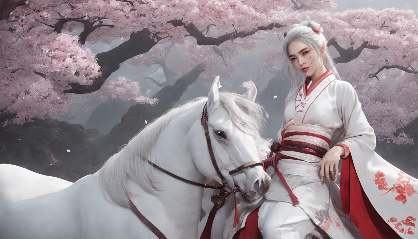 Cirilla Fiona Elen Riannon,动态照明,art stations,poster for,voluminous lighting,Very detailed faces,4k wallpaper,He has a gentle and beautiful face,Long flowing hair,pony tails,Fringed Hair Ornament,Dynamic perspective,White Hanfu,White gauze flying,Red belt,Sexy,The tradition of Chinese ink painting,surrounded by cloud,cherry blossom,fog atmosphere,Ride the white dragon,White dragon horn,dynamic viewing angle,电影灯光