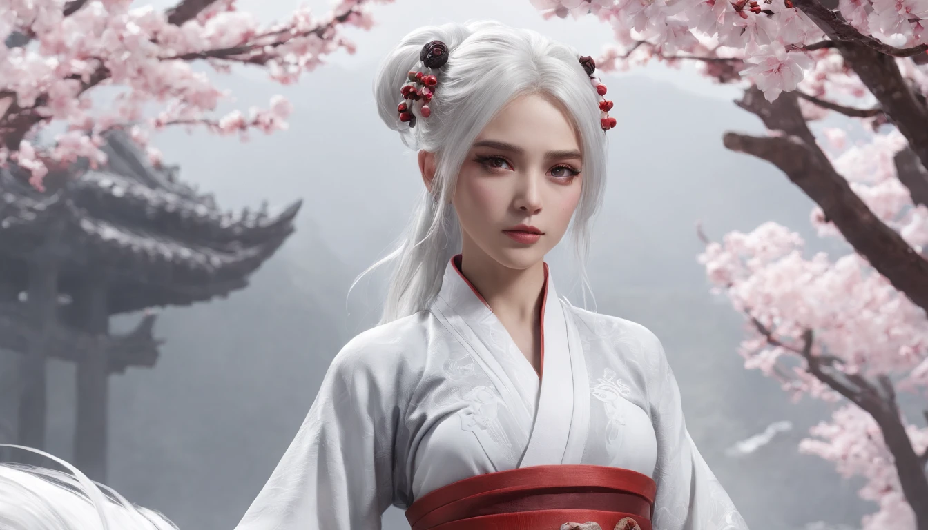 Cirilla Fiona Elen Riannon，动态照明，art  stations，poster for，voluminous lighting，Very detailed faces，4k wallpaper，He has a gentle and beautiful face，Long flowing hair，pony tails，Fringed Hair Ornament，Dynamic perspective，White Hanfu，White gauze flying，Red belt，Sexy，The tradition of Chinese ink painting，surrounded by cloud，cherry blossom，fog atmosphere，Ride the white dragon，White dragon horn，dynamic viewing angle，电影灯光