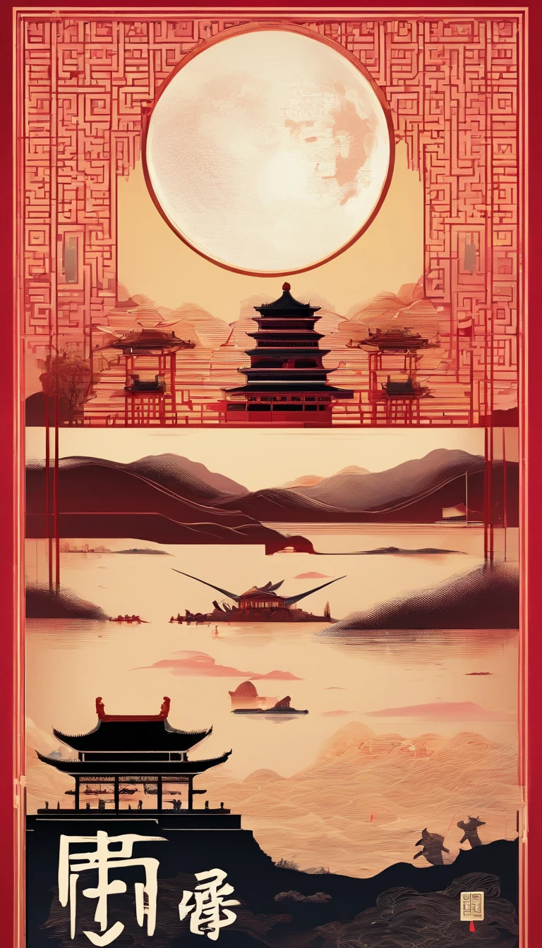 4K，Tiananmen，Graphic design，Geometric composition，during night，Huge Full Moon，A small amount of smoke，Cans，A small amount of Cantonese egg yolk mooncakes, Mooncake size, poster for, Fresh style background, Attractive,Ultra HD，tmasterpiece，romanticism lain, Minimalism,  Close-up, 8K,ccurate, Best quality, hyper HD