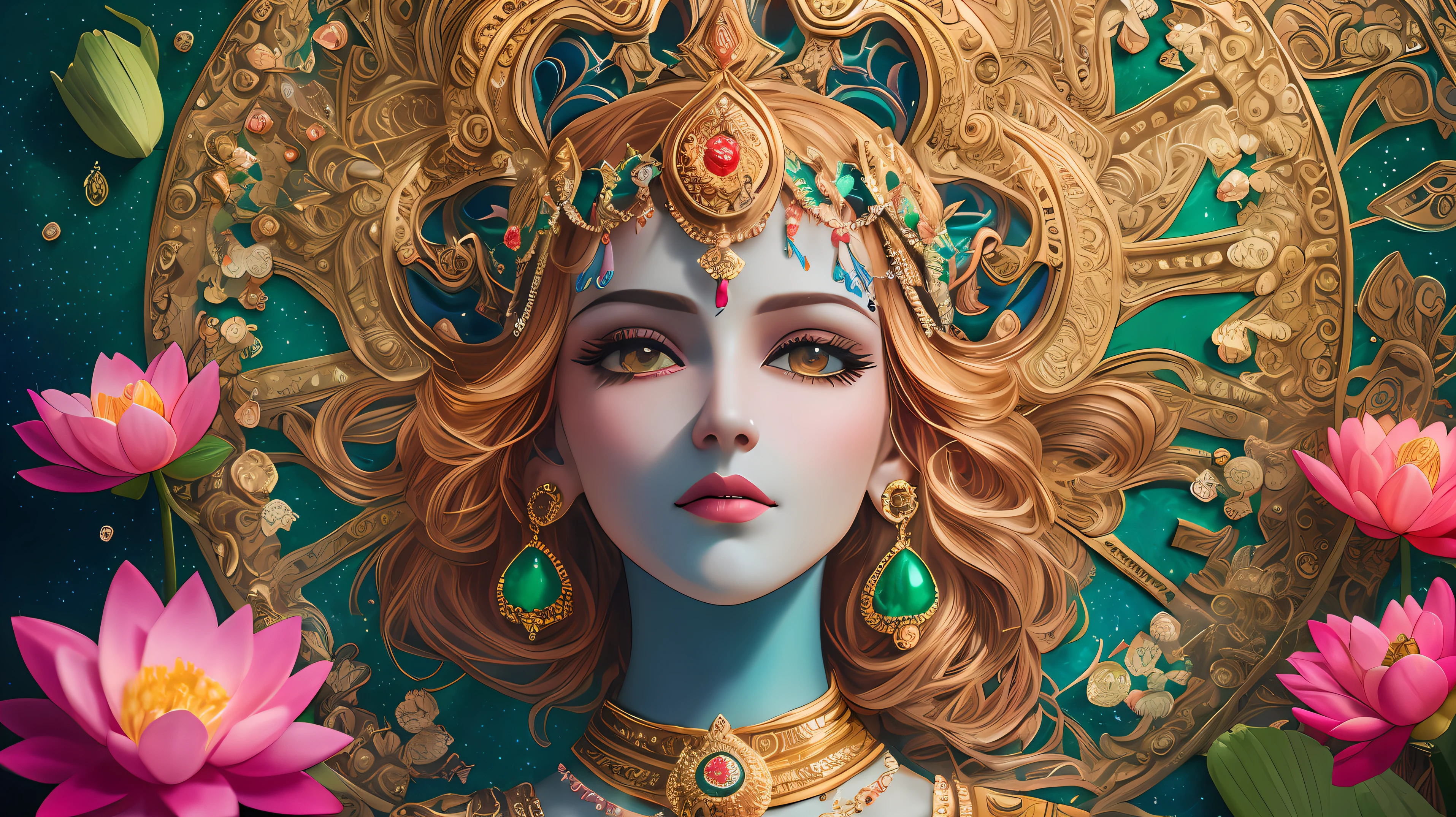 Masterpiece, best quality, (very detailed CG unified 8k wallpaper), (best quality), (best illustration), (best shadow), Oil painting, (masterpiece:1.1), dream like art, Photorealistic, inspired by Raja Ravi Varma, Indian mythology, God vishnu, His dark body with bright radiance is adorned with soft eyes like asparagus lotuses and yellow clothes. The beauty of the zodiac is scattered from limb to limb, They are the idol of tenderness, Everyone has four arms, They keep holding it themselves though, His image is coral, emerald and extremely brilliant, the radiant ornament of gem-encrusted gold is like the bright fiber of a lotus, They have earrings in their ears, a crown on their heads and garlands around their necks, Oversaturated, Colorful, highly detailed, High resolution, ray tracing reflections, dramatic lighting, 8k , Vibrant colors, detailed acrylic, intricate complexity, Soft natural volumetric cinematic perfect light, soft natural, cloud, colorful, starry, beautiful depiction, 3D, Octane rendering, ray tracing, super detailed (natural element)