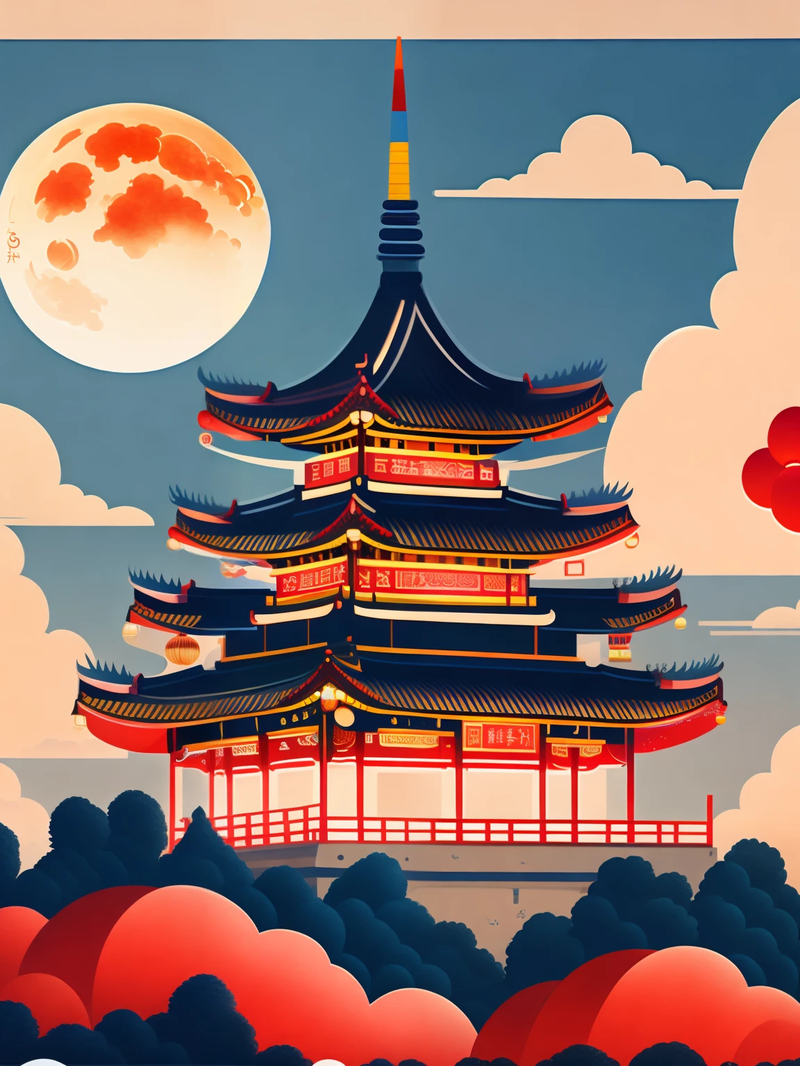 Art is commercial illustration,The theme is the Mid-Autumn Festival poster。The background is a scene of the moon and the Tiananmen Tower in Beijing,Red lanterns fly out of the moon。The center area of the picture is centered and typeset,The main body is Beijing's Tiananmen City Tower and Full Moon。laurel、mont、Eau、Clouds and other details decorated,rzminjourney,vectorial art