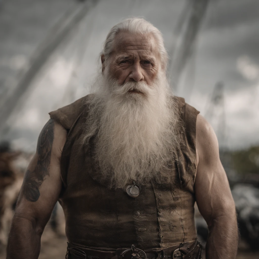 there is a old man made out of metal in underpants and shirtless with white beard il a un gros ventre, porte des lunettes, standing to a cute cat made out of metal, cyborg, cyberpunk style, steam-punk style, ((intricate details)), (best quality,4k,8k,highres,masterpiece:1.2), ((intricate details, realistic, photo-realistic, photo-realistic:1.37)), cinematic shot