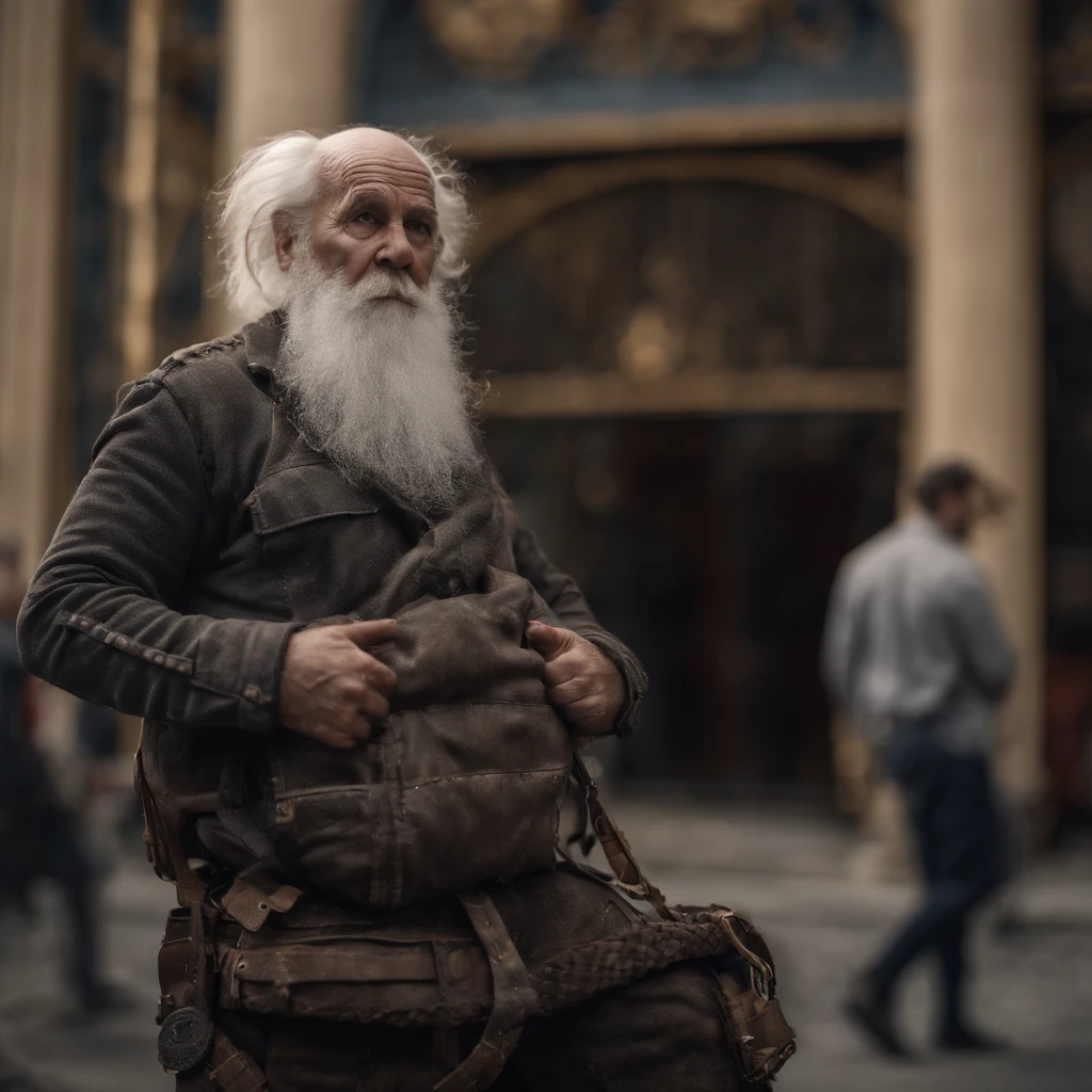there is a old man made out of metal in underpants and shirtless with white beard il a un gros ventre, porte des lunettes, standing to a cute cat made out of metal, cyborg, cyberpunk style, steam-punk style, ((intricate details)), (best quality,4k,8k,highres,masterpiece:1.2), ((intricate details, realistic, photo-realistic, photo-realistic:1.37)), cinematic shot