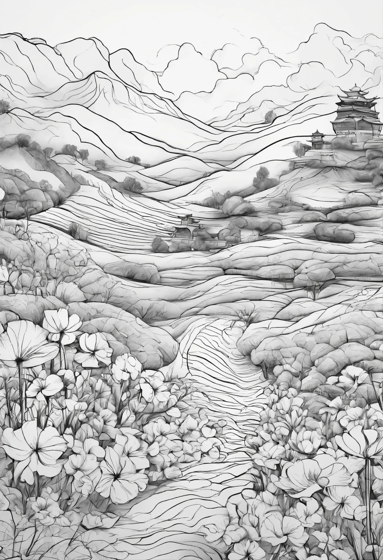 Field with beautiful flowers (close-up cleavage), meditate, Zazen, A meditative (Chinese landscape painting), (ink and watercolor painting), (8k wallpaper), (Light and Shadow Effect), rendering by octane, White balance design, Extremely detailed image representation, Wide angles, depth of fields, masterpiece, realistic, beautifully portrayed, a detailed, accurate, Masterpieces, masterpiece”