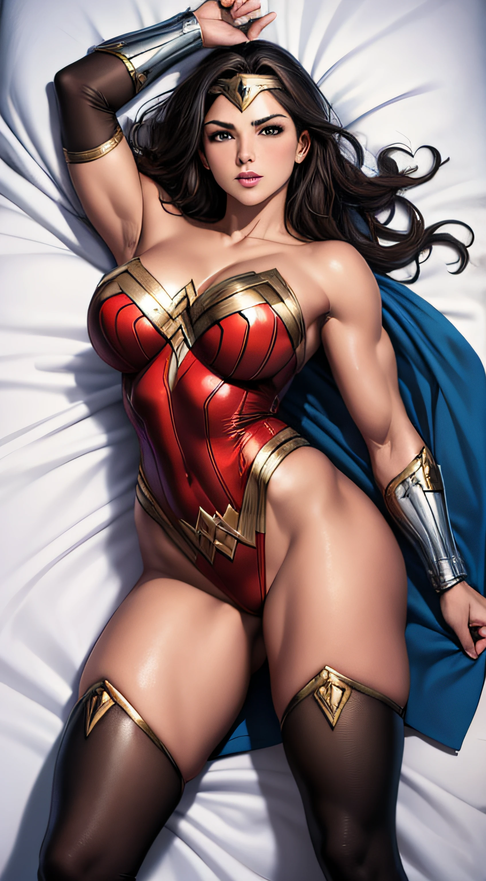 ( Masterpiece, 4k resolution, ultra-realistic, very detailed) Wonder Woman full body in the style of realism, glistening skin, , natural lighting, Defined full lips. fitness feminine body. portrait photography by artgerm, in the style of realism, glistening skin, , natural lighting, Defined full lips. Muscular fitness feminine body,  (Dakimakura) (on bed) (back view)