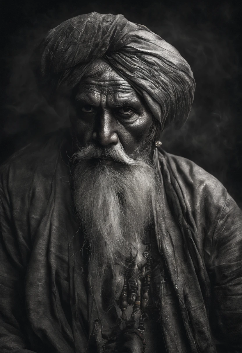 (old indian man:1.1,wearing turban:1.2,white bigger beard:1.1,bigger moustache:1.1,lighting cigar:1.2,in swag,extremely detailed facial hairs,portrait,half body,medium:oil painting,detailed eyes and face,detailed turban,traditional clothing,aged appearance,royal background,studio lighting,vibrant colors,dignified expression) bhasma on forehead, holding sigarete in hand