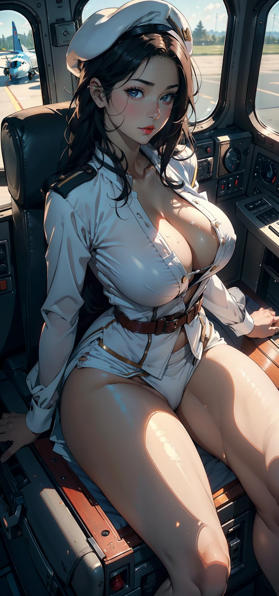 1female,35yo,Married Woman,Bigchest,Bigchest 。Big breasts Thin waist,Cocked buttocks,Beautiful legs solo,(Background with:aerodrome,Planes,inside of a cabin,drivers seat)Sit in the pilot's seat of an airplane ,She has short black hair,bobo head,seen from the front, hair straight,,(((tmasterpiece),(Very detailed CG unity 8K wallpaper),best qualtiy,cinmatic lighting,detailed back ground,beatiful detailed eyes,Black eyes,Snow-whiteskin,Redlip(Very fine and beautiful),(Beautiful and detailed eye description),ultra - detailed,tmasterpiece,))facing at camera,A high resolution,ultra - detailed),revealing breasts,Bare genitalia, Bare , Bulge,legs are open,Raised sexy,Camel toes,Flushed complexion,Desire for dissatisfaction,frontage,stewardess,beret(Wearing:Transparent flight attendant uniform,Nipple patches)