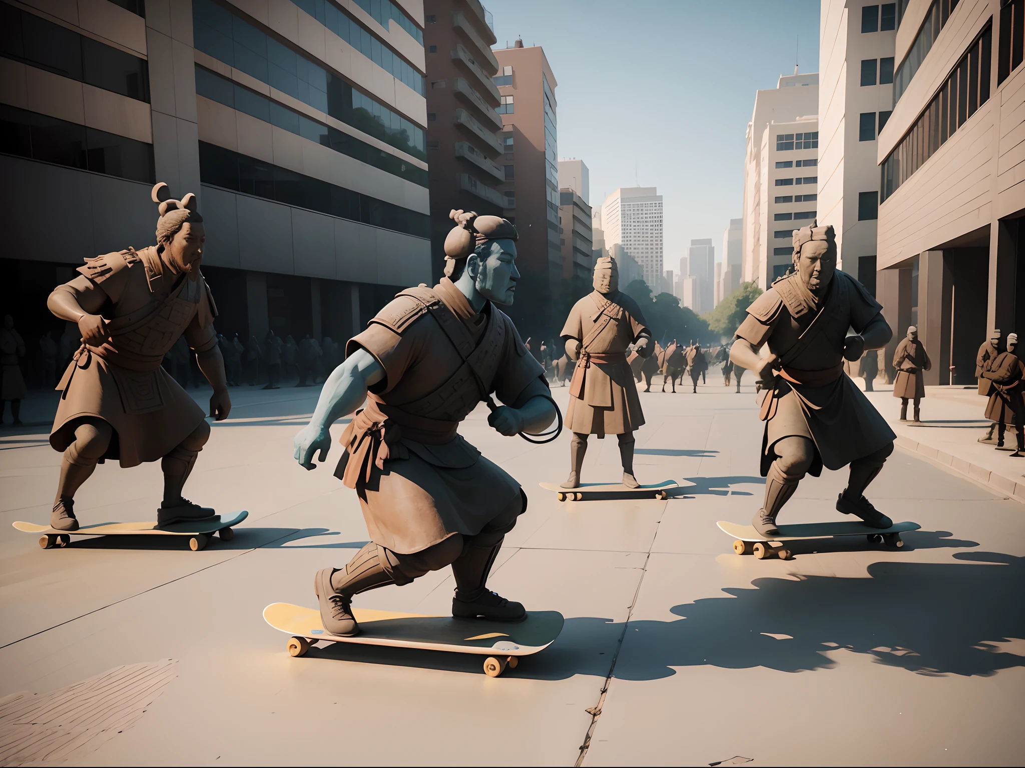 The main stone statue of the terracotta warriors and horse skateboards sideways at the foot of the stone,Perfectcomposition,8K,Front four terracotta facial restoration details,background detail