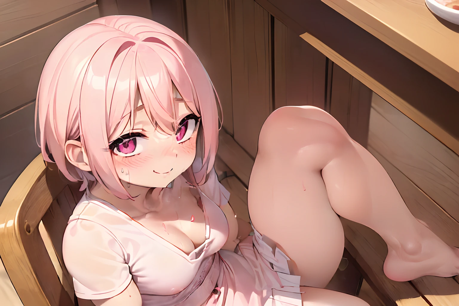 (Masterpiece), high resolution, (extremely detailed), photo realistic, 1 girl, (((bright short pink hair, alluring pink eyes, big eyes, cute eyes, cute face, small face, sharp face, cute, cute, beautiful eyes, short, small, very young, skinny, slim body, thick legs, insanely small waist, small boobs:1.0, happy, smiling, blushing:1.2, sweating))), ((white microskirt, v-neck tight pink shirt, cleavage showing, smooth skin, soft skin, bouncy skin)), (in cafe, at table, looking at viewer, swallowing food, plates full of food, pressed against table, sitting on small wooden chair)