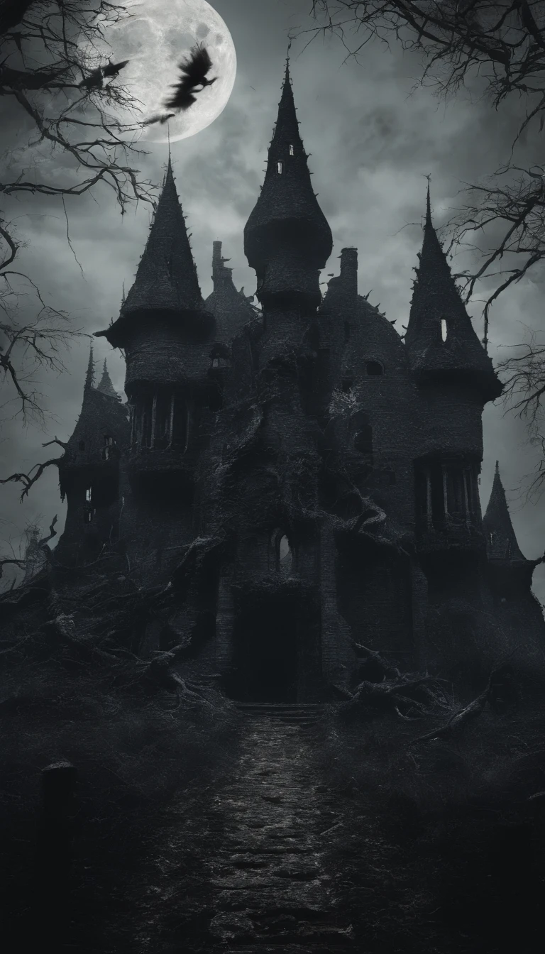Strange beasts in fantasy world,Blood,covered with thick spikes,,Moon Night,中景 the scene is,Full body like, Highly detailed surreal VFX,OC rendering,Shot at 70 mm - AR 16:9 --q 2 --s 1000 Old Castle Big Castle 8k Death Darkness Dark Darkness Land of Darkness