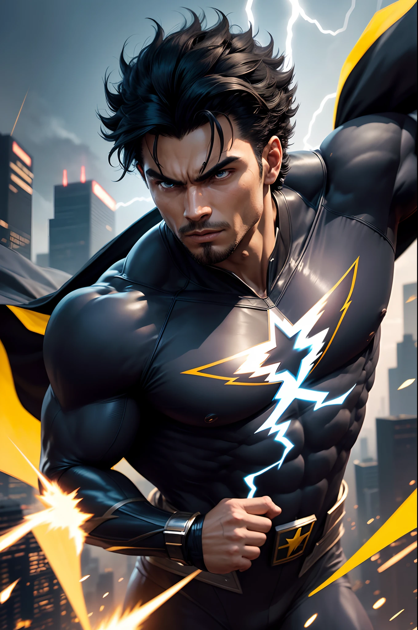 black power hair man black hero using cape yellow powers in hand White shirt lightning bolt design on shirt power electricity rays in hands skill power elementar blue Thunder shining hero fighter a powerful hero, vibrant colors, dynamic lighting, detailed costume, intense action scene, extraordinary abilities, breathtaking special effects, cinematic quality, Epic showdown, realistic CGI, high definition resolution, Iconic superhero pose, composition dramatic, city skyline scenery, intense facial expression, intense energetic aura, superhero emblem, superhuman strength, flying skills, lightning-fast speed, invincibility, heroic determination, explosive power, heroic justice, iconic mask, heroic cape , nimble movements, intense battle intensity, Superheroic Charisma, immersive storytelling, larger than life presence, thrilling adventure, victorious triumph, Ultimate Superhero cinematic