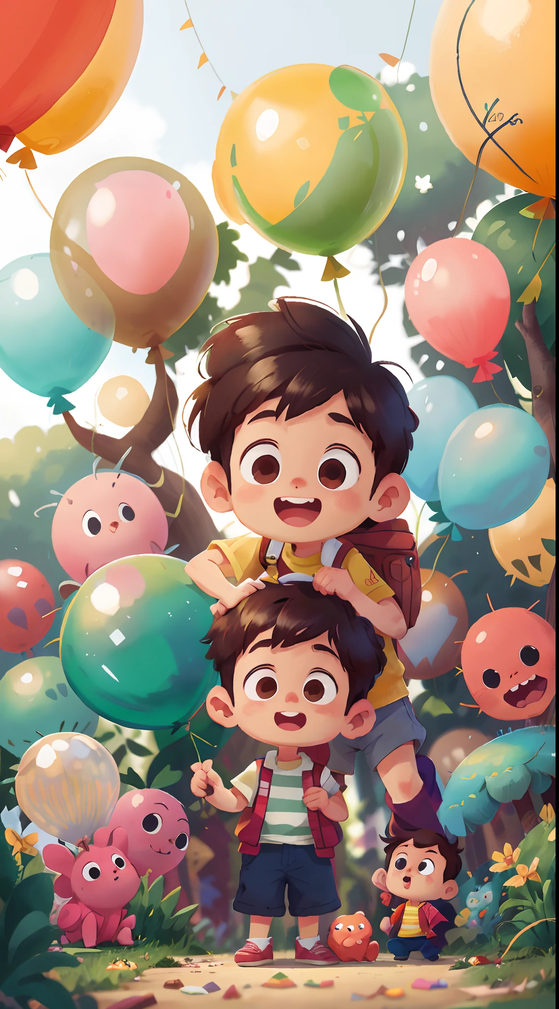 A boy, zoo, many balloons, happy, happy, perfect quality, clear focus (clutter - home: 0.8), (masterpiece: 1.2) (realistic: 1.2) (bokeh) (best quality) (detailed skin: 1.3) (complex details) (8K) (detail eyes) (sharp focus), (happy) full body, two children, clean background, long view composition, 85MM SHOT