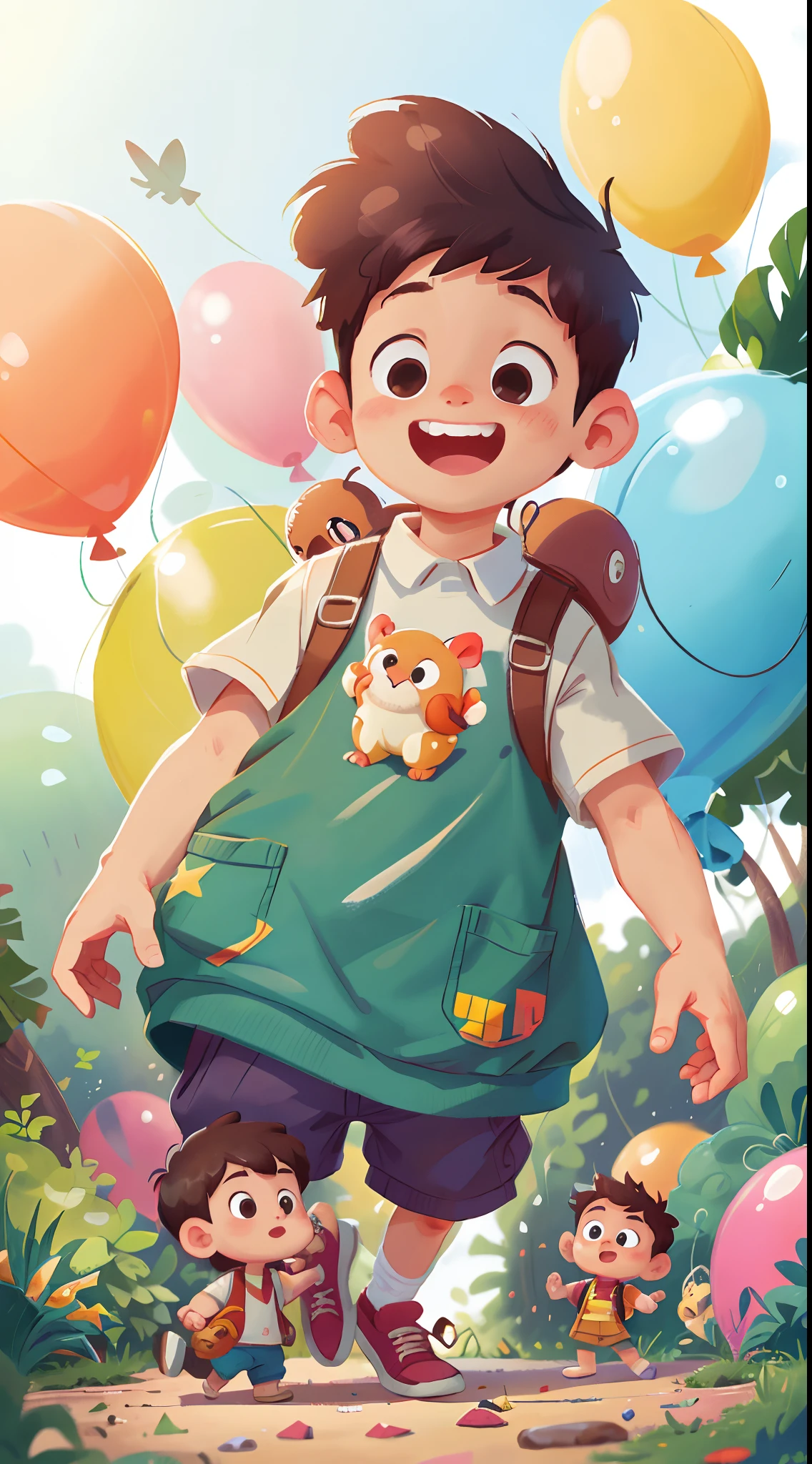 A boy, zoo, many balloons, happy, happy, perfect quality, clear focus (clutter - home: 0.8), (masterpiece: 1.2) (realistic: 1.2) (bokeh) (best quality) (detailed skin: 1.3) (complex details) (8K) (detail eyes) (sharp focus), (happy) full body, two , clean background, long view composition, 85MM SHOT