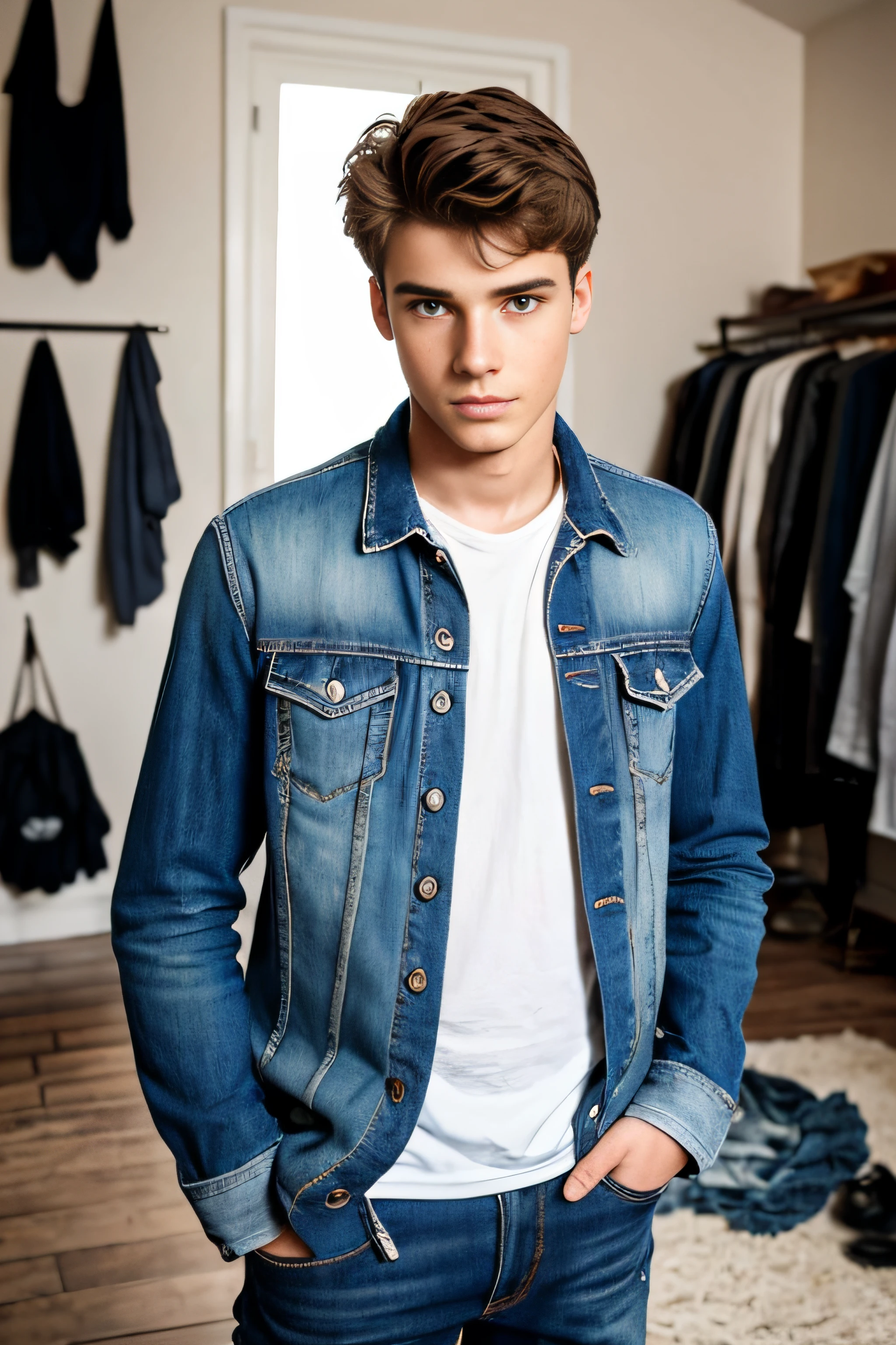 Un jeune homme de 18 ans, with dirty clothes in a poorly maintained house, The character must be centered in the image, visage de face, avec le regard qui fixe le spectateur. The image must be captivating