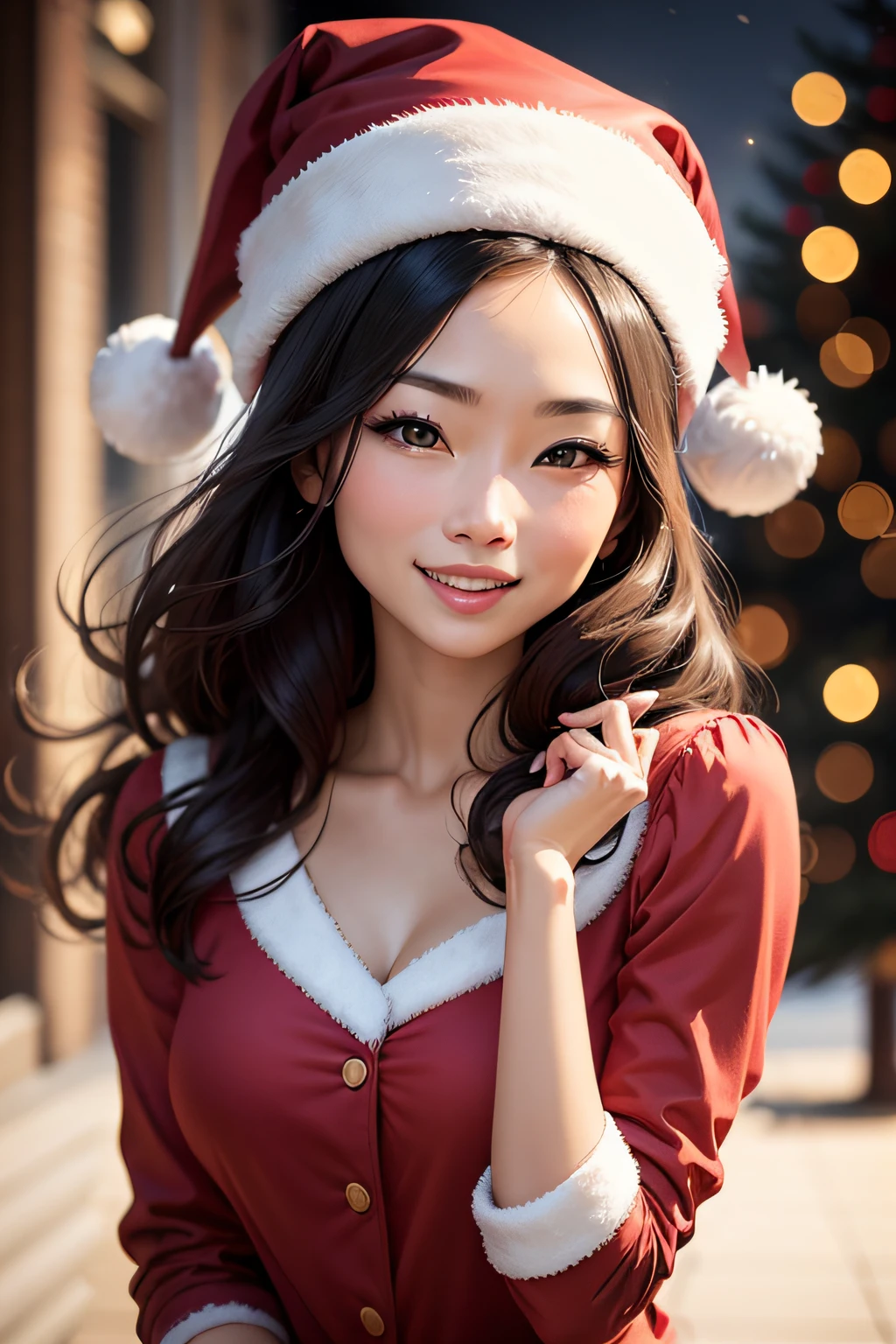 ((Beautiful woman in a tight santa costume))、8K high image quality、3d rendered、A masterpiece of ultra-realistic detail、photoRealstic、Detailed body、Super Sexy Pose、A detailed face、she blushed and smiled、detailed costume、Costumes with a wide open chest、(Skin revealing:1.4)Professional photographer photography、Blur the background、