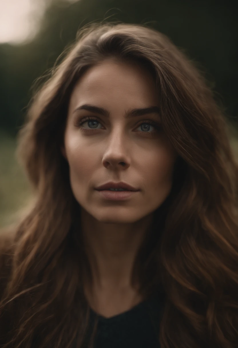 Portrait of a realistic woman with clear eyes, la peau mate, des cheveux longs et qui inspire la sympathie.