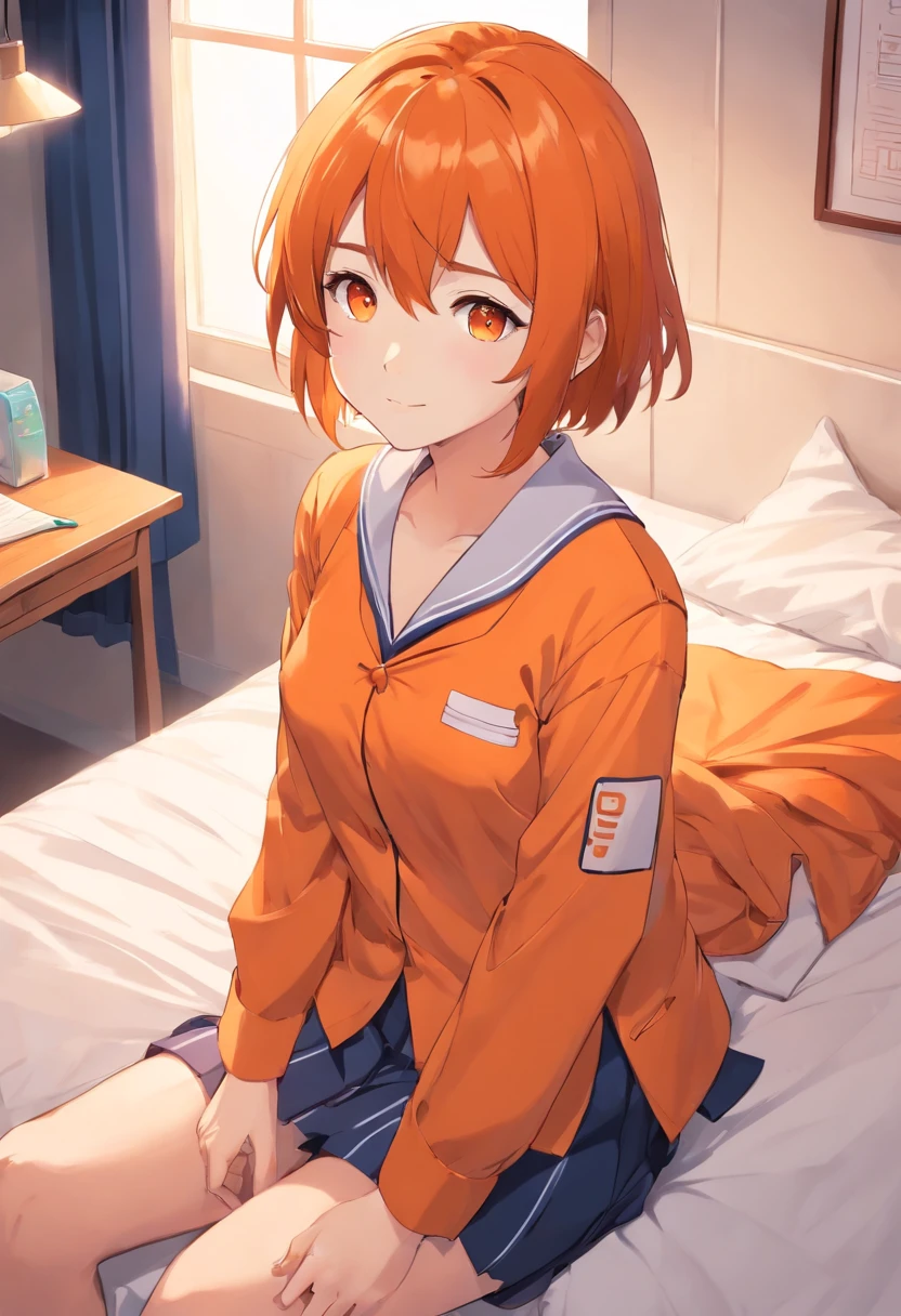{1 anime girl}, short orange hair, bright orange eyes, Japanese student uniform. (She would be sitting on a bed, looking at the viewer with a slight smile.)