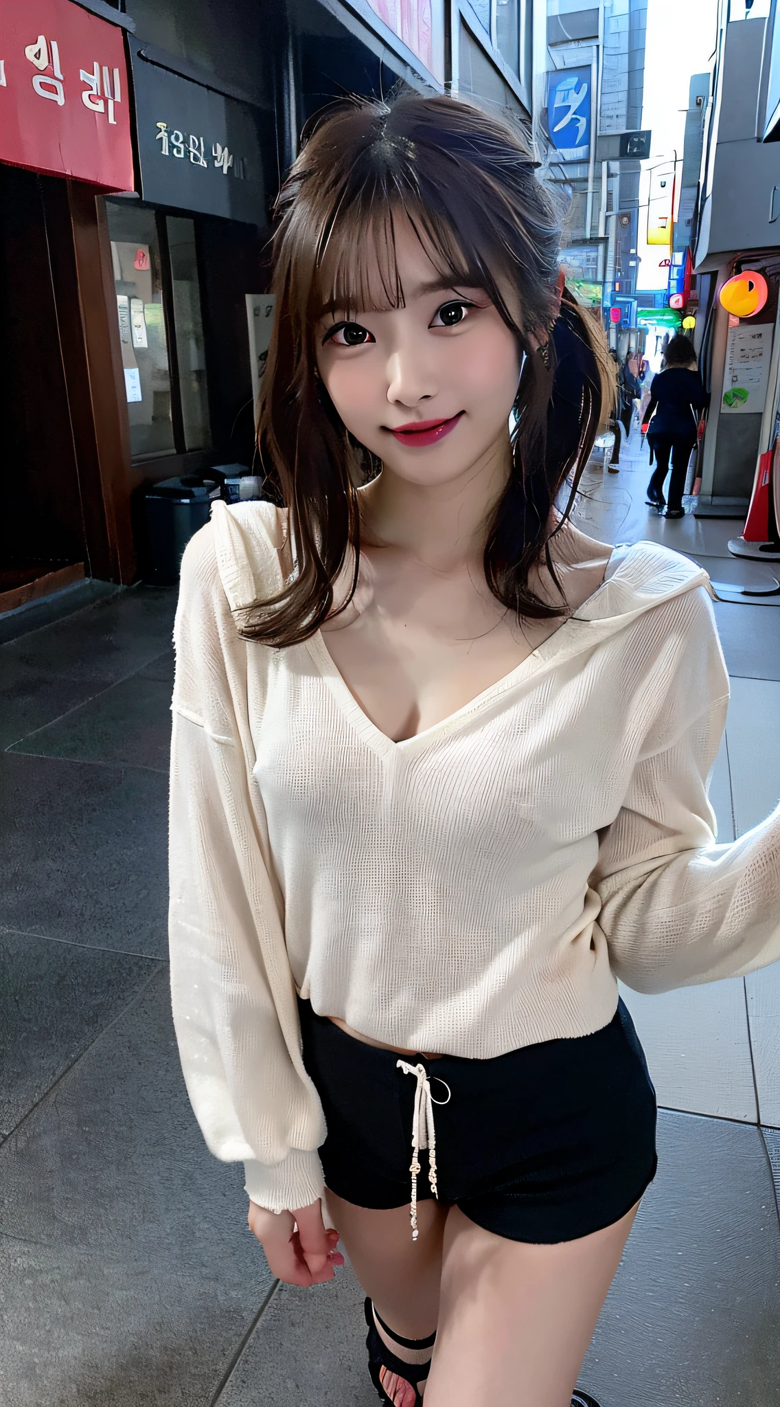 (​masterpiece:1.3), (8K, Photorealsitic, Raw photography, Top image quality: 1.4), Japan high school girls、(Random hairstyles:1.2)、(small tits:1.3)、Super Detail Face、Eye of Detail、二重まぶた、foco nítido:1.2、prety woman:1.4、light brown hair、top-quality、​masterpiece、超A high resolution、(Photorealsitic:1.4)、very detailed and professional lighting、slender、skinny thigh、Smirking smile:1.2、((Walk the streets of Korean street food))、Wearing a white hoodie over a black t-shirt:1.3、Wearing black shorts、Bare legged、Wear sandals、