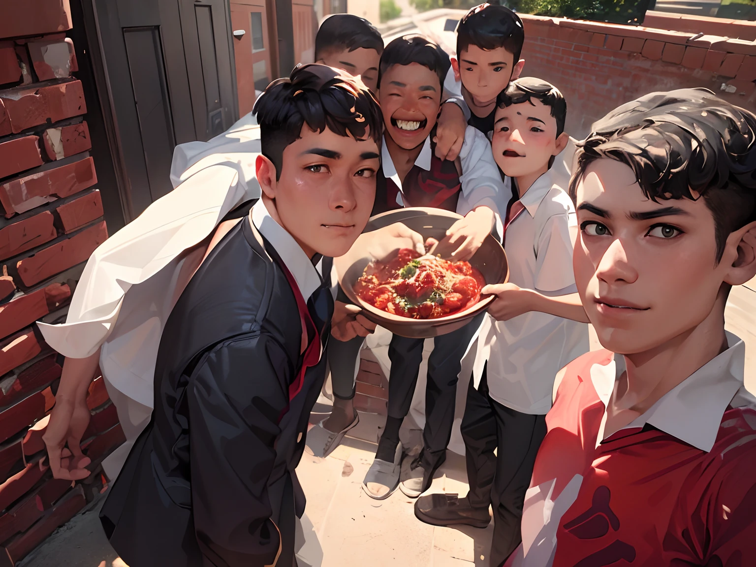 boys in white shirts holding a red bowl of food in front of a brick wall, competition winning, taken with the best dlsr camera, school class, photo taken in 2 0 2 0, college students, taken with sony alpha 9, high school, in group photograph, interesting composition, with village, amazing composition, candid picture, at college, excellent composition, student