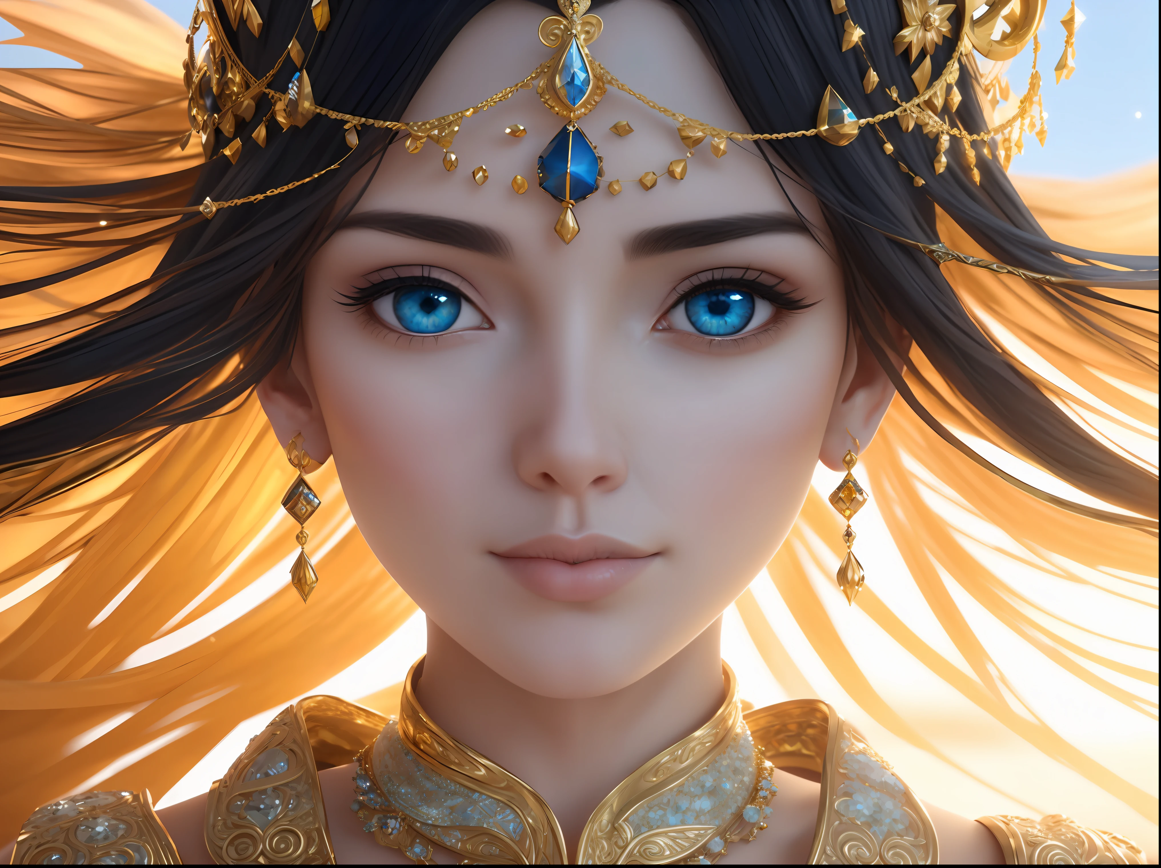 a close up of a woman with blue eyes wearing a gold headpiece, a beautiful fantasy empress, artgerm ; 3d unreal engine, hyperdetailed fantasy character, goddess. extremely high detail, 8k high quality detailed art, goddess close-up portrait, artgerm detailed, artgerm. high detail, beautiful and elegant elf queen