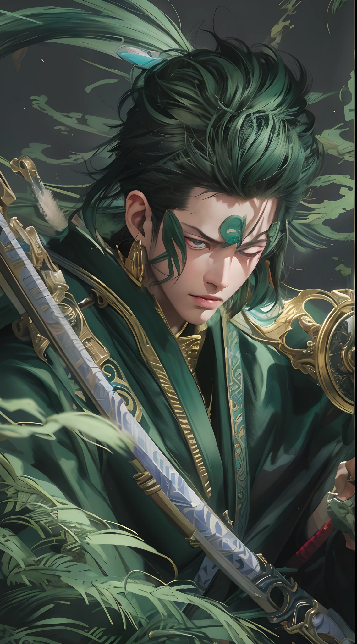 Personaje de anime con cabello verde con cicatriz en el ojo izquierdo, con 3 espadas legendarias(3 espadas)(desenfundar),kimono,japones,espadas legendarias japonesas,3 pendientes de oro,( Roronoa Zoro), de una sola pieza, Ilustraciones HD, Chico guapo en el arte de Demon Slayer, Badass Anime 8K, Arte de Kentaro Miura, Okab Rintarou, Pixiv, advanced digital anime art ”, Fanart de alta calidad, Fan Art, por Shitao, Kakyoin